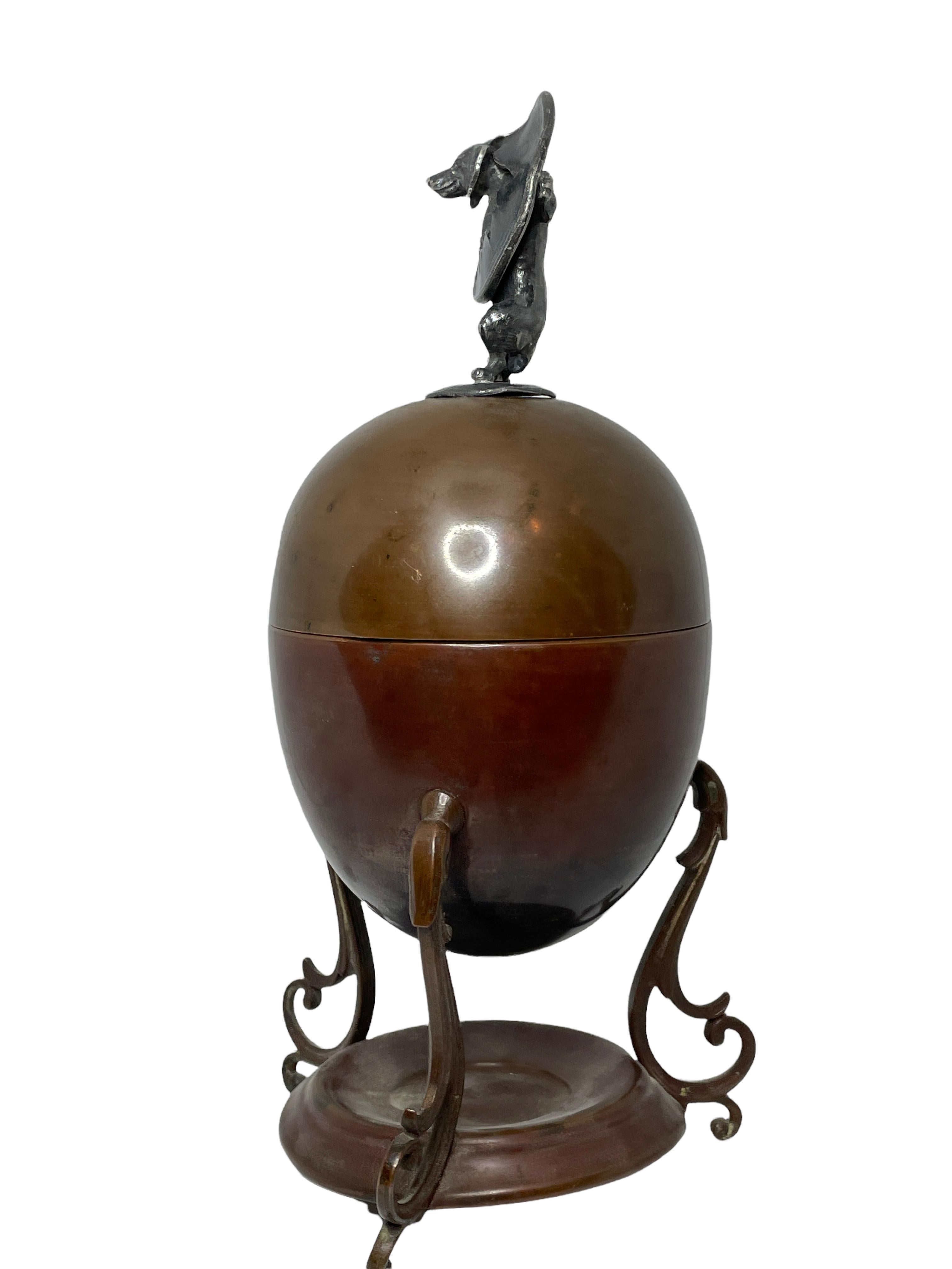 Art Nouveau Antique 19th c Copper Egg Coddler Egg boiler with Dog Figure, German