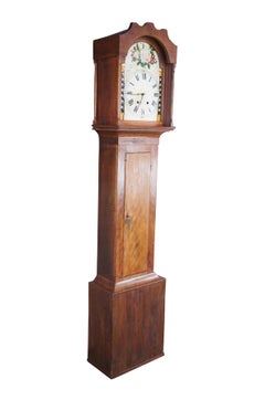 Antique 19th C. Early American Cherry Tall Case Grandfather Clock Painted Face