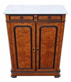 Antique 19th C. Ebonised & Burr Walnut Cabinet Press Cupboard with Marble Top