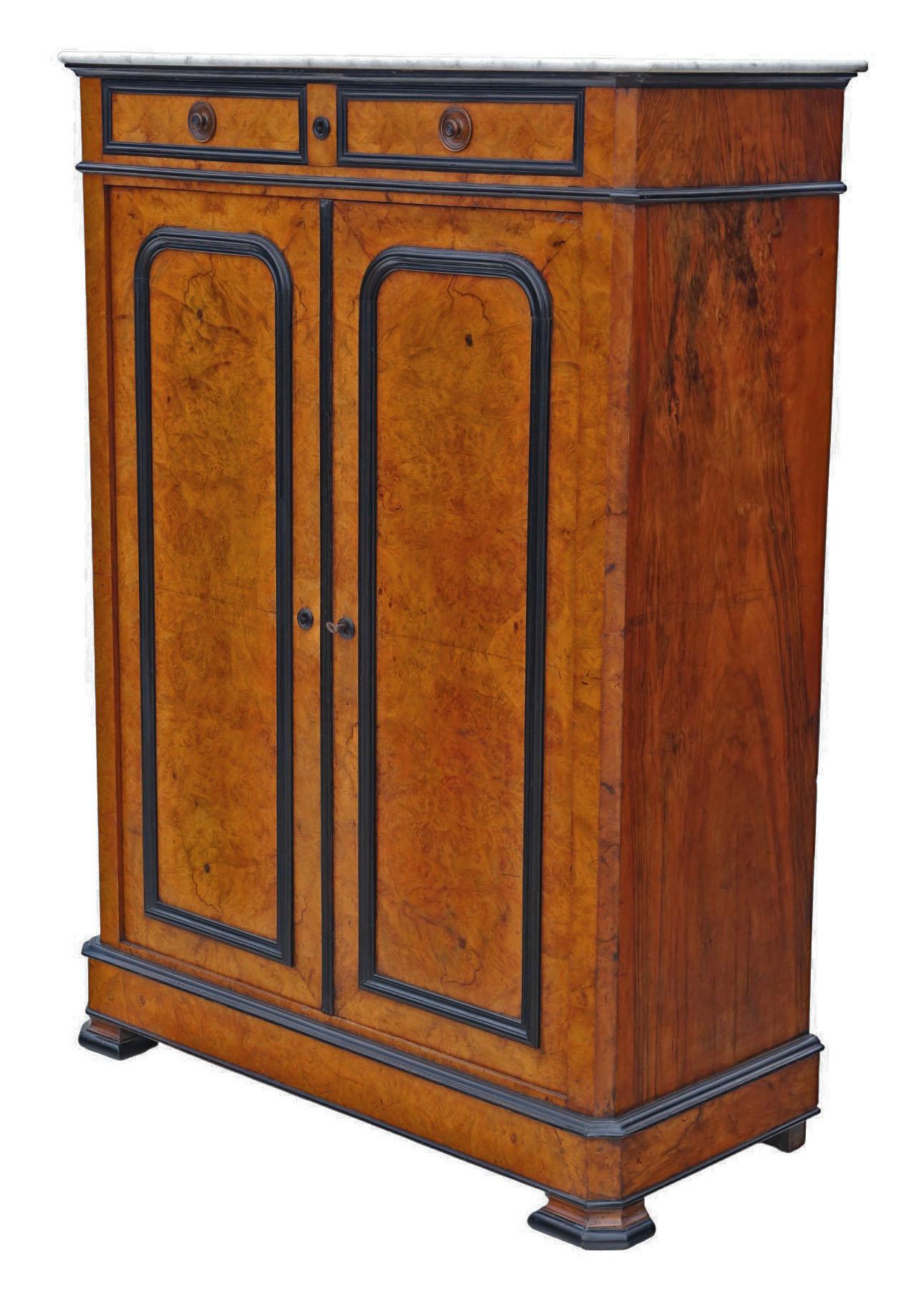 British Antique 19th C. Ebonised & Burr Walnut Cabinet Press Cupboard with Marble Top For Sale