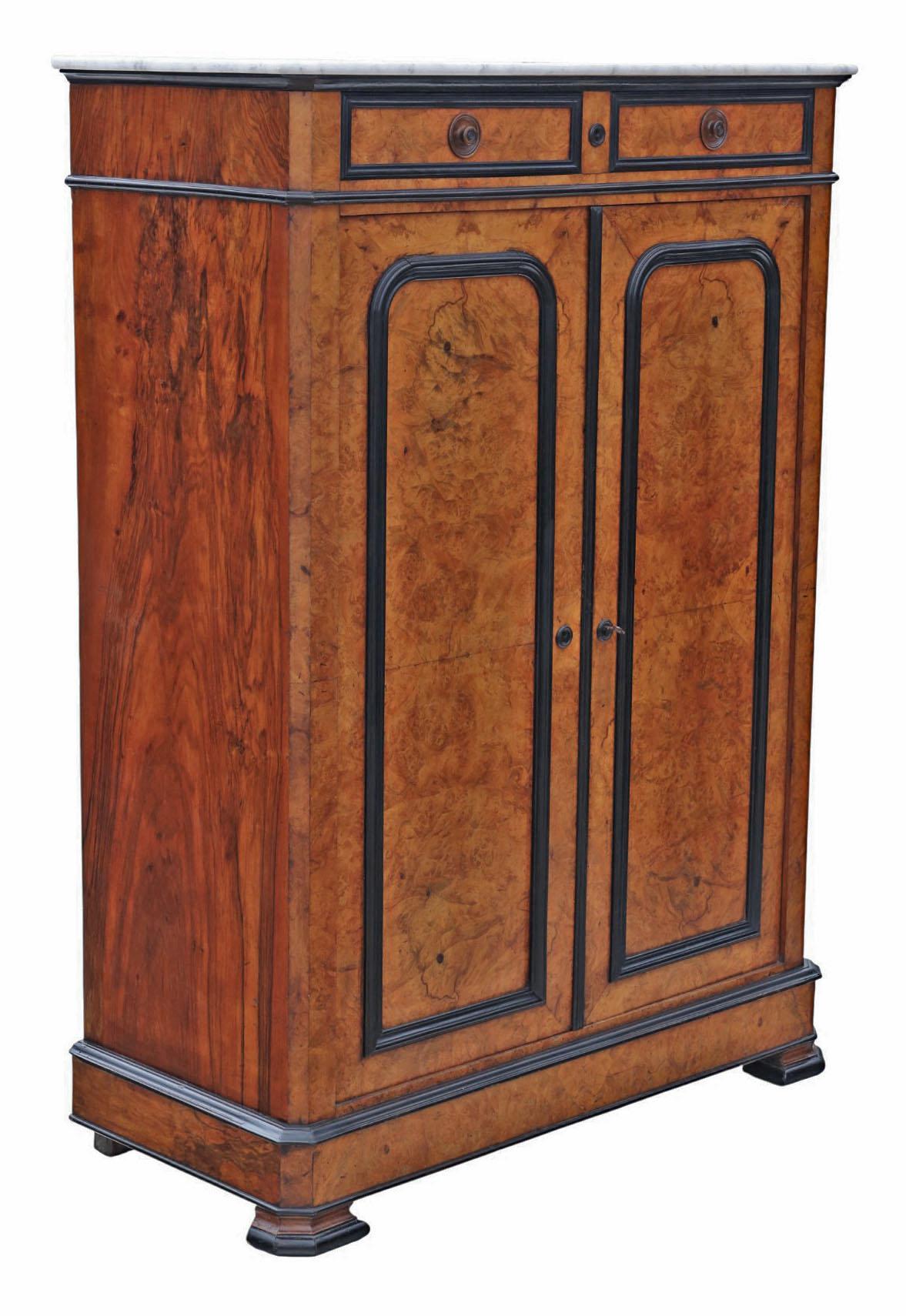 Antique 19th C. Ebonised & Burr Walnut Cabinet Press Cupboard with Marble Top In Good Condition For Sale In Wisbech, Cambridgeshire