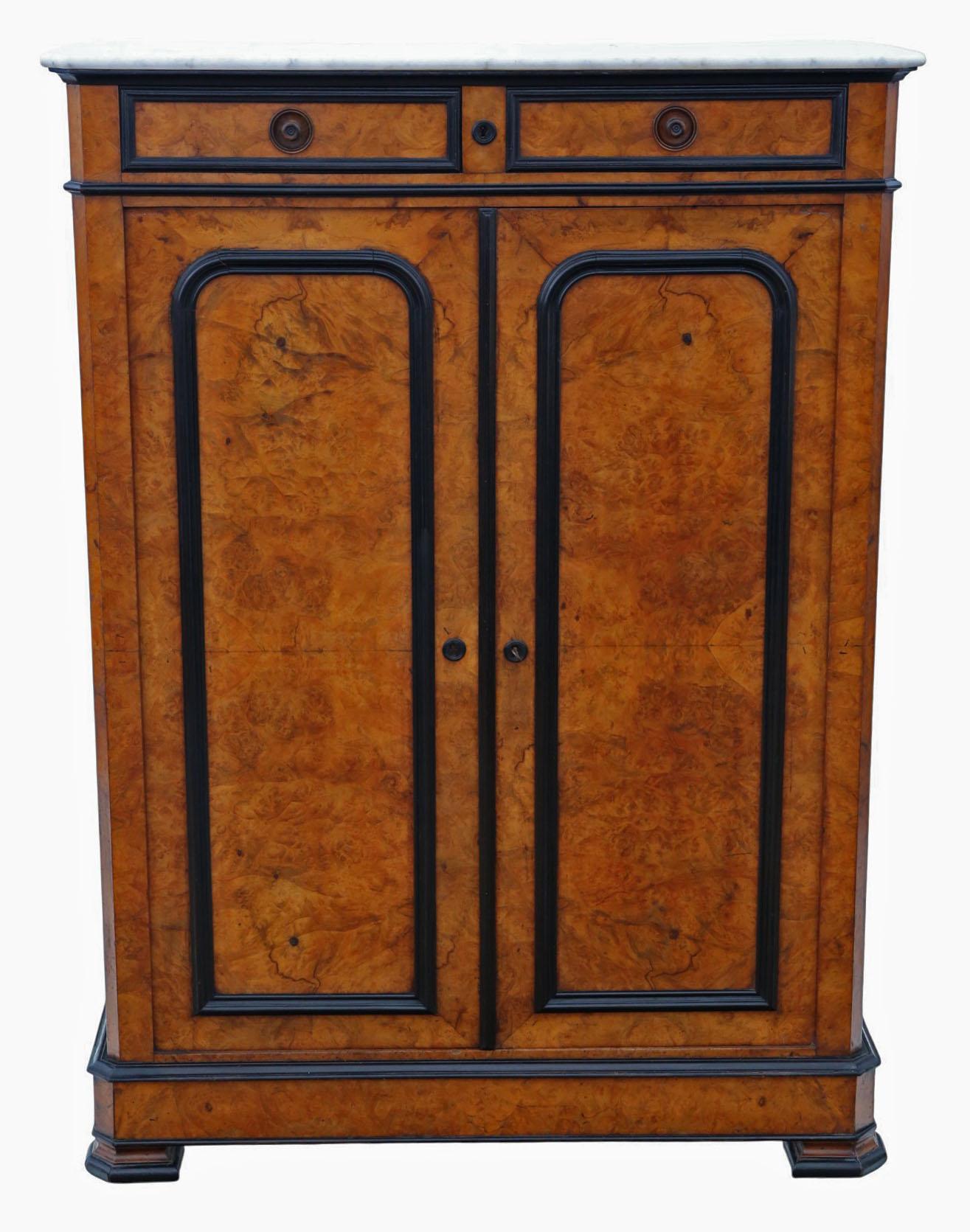 Antique 19th C. Ebonised & Burr Walnut Cabinet Press Cupboard with Marble Top For Sale 3