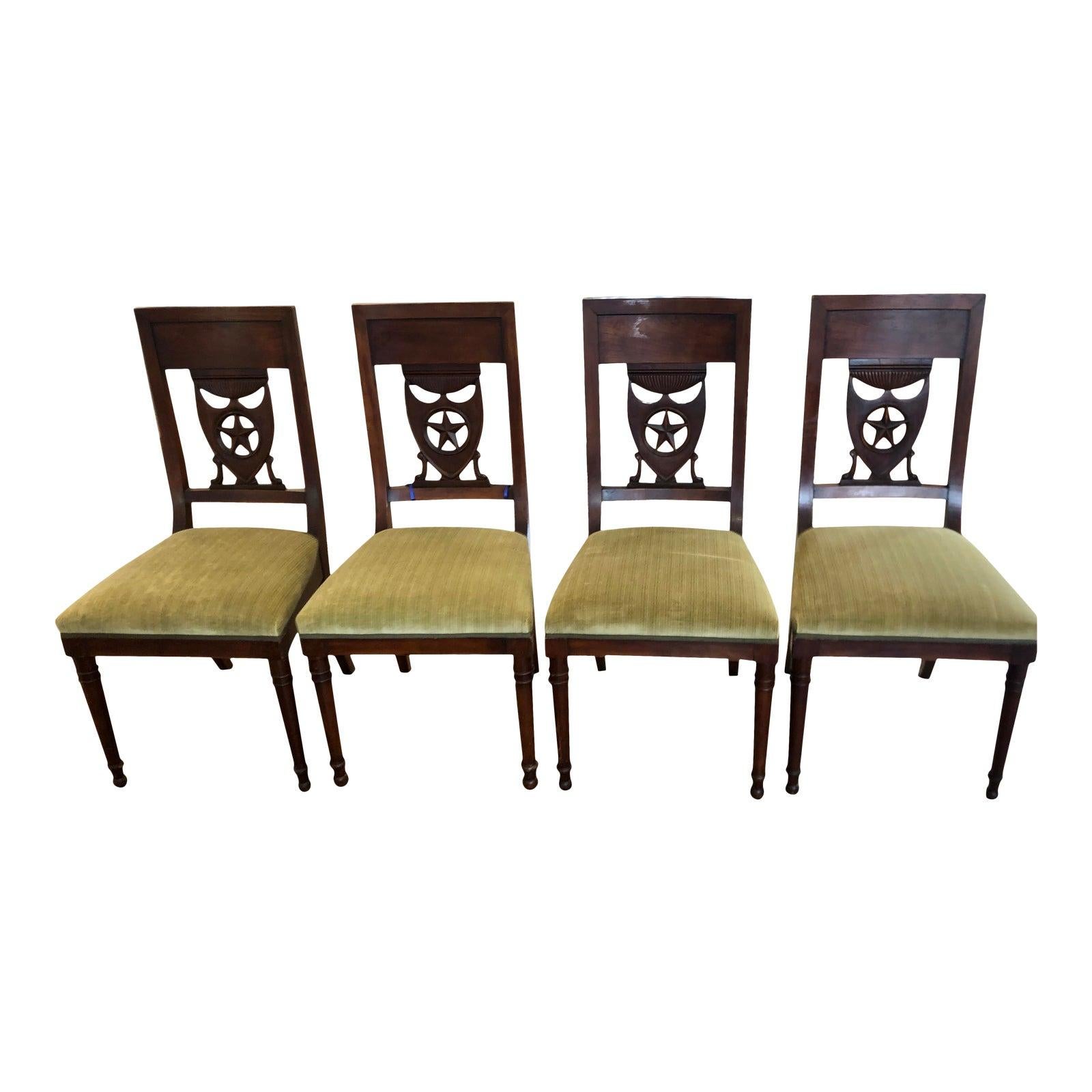 Antique 19th C Empire star & shield coat of arms dining chairs
Priced each.

Additional information:
Materials: Mahogany
Color: Olive
Period: 19th Century
Styles: Empire
Number of Seats: 1
Item Type: Vintage, Antique or