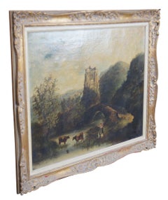 Antique 19th C. English Castle Ruins Oil Landscape Painting Cattle Farmer 44"