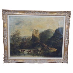 Antique 19th C. English Castle Ruins Oil Landscape Painting Cattle Farmer 44"