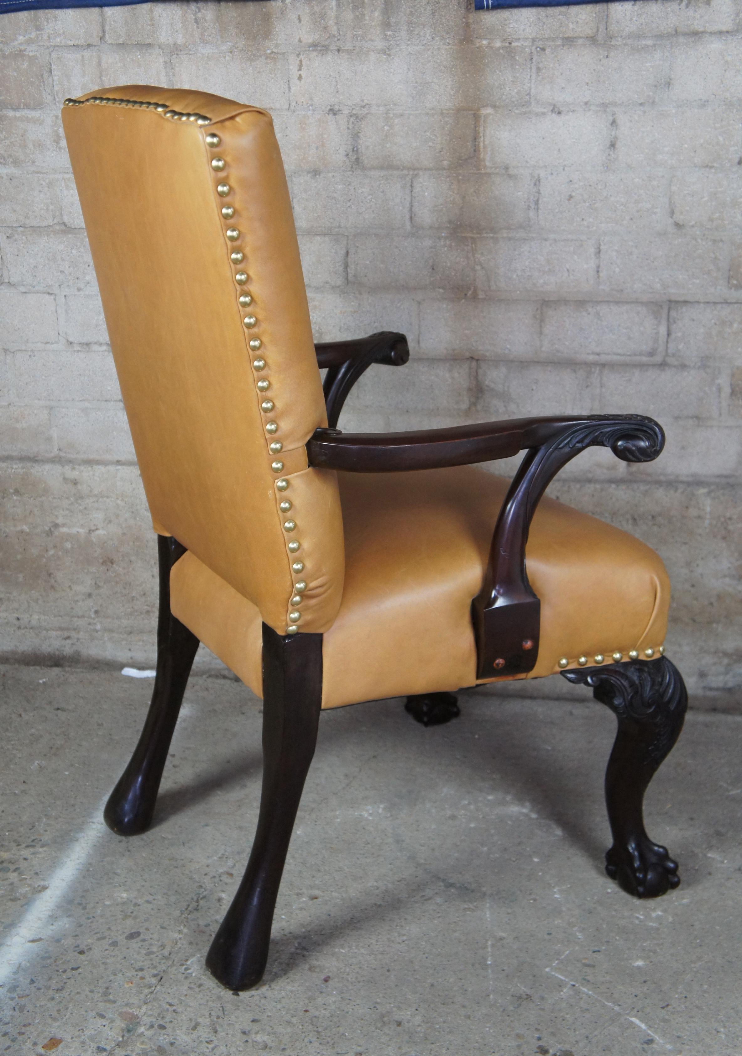 19th Century Antique English Chippendale Armchair Carved Mahogany Leather Ball Claw For Sale
