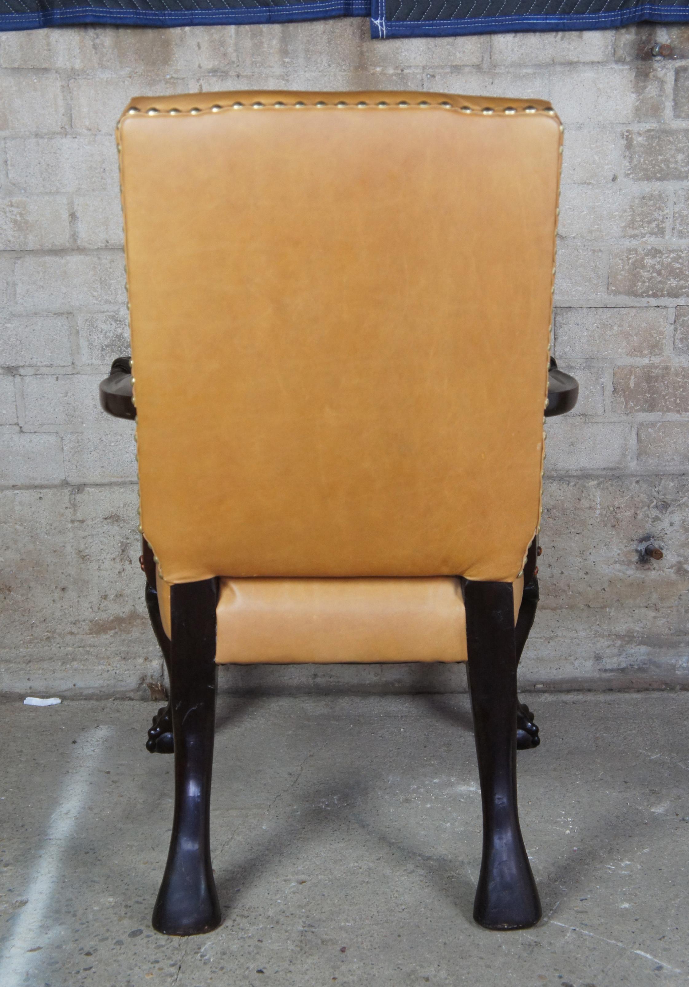 20th Century Vintage English Chippendale Style Armchair Carved Mahogany Leather Ball Claw For Sale