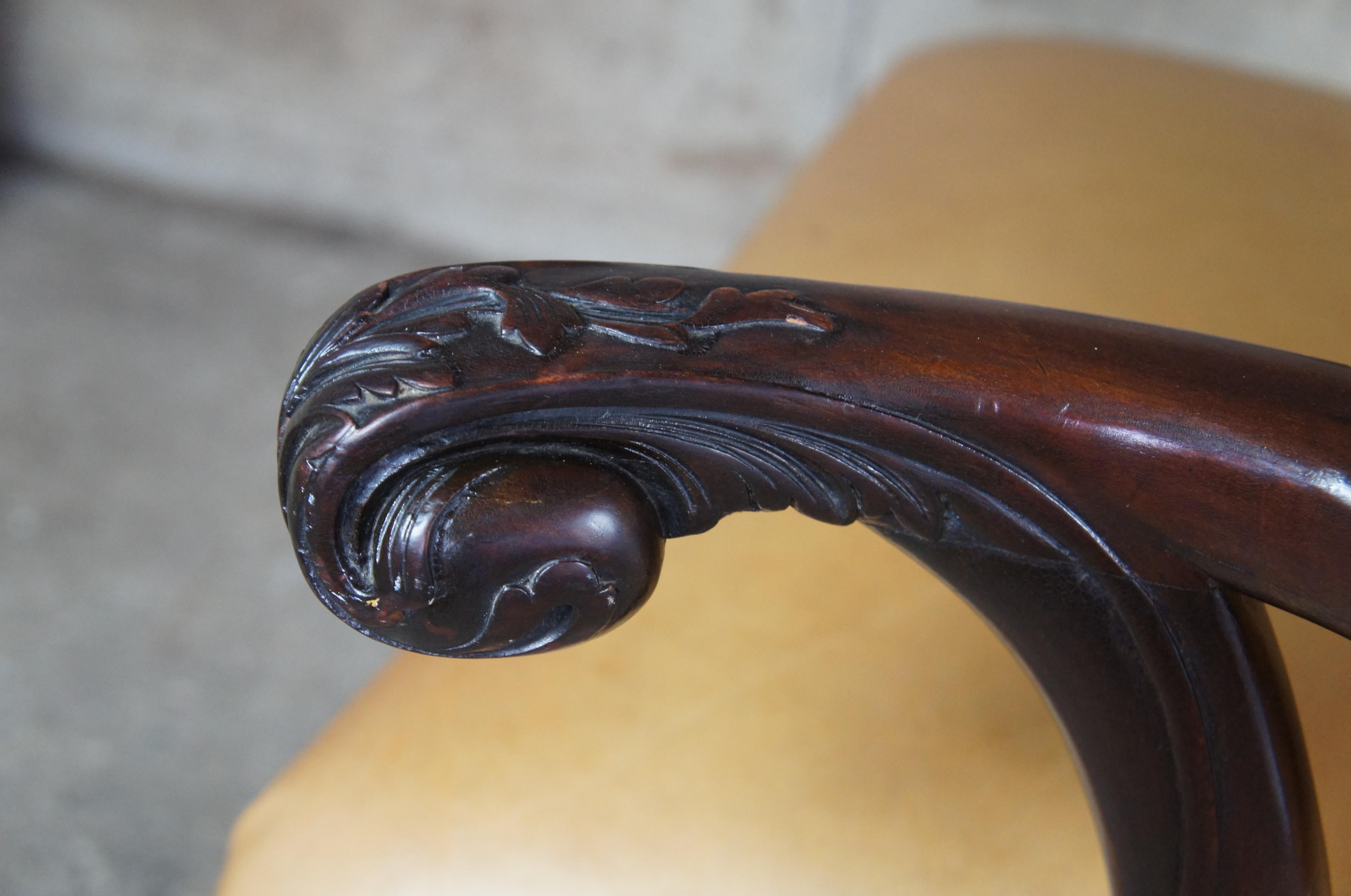 Antique English Chippendale Armchair Carved Mahogany Leather Ball Claw For Sale 3