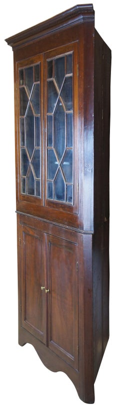 Antique 19th C. English Georgian Mahogany Corner China Curio Cupboard Cabinet
