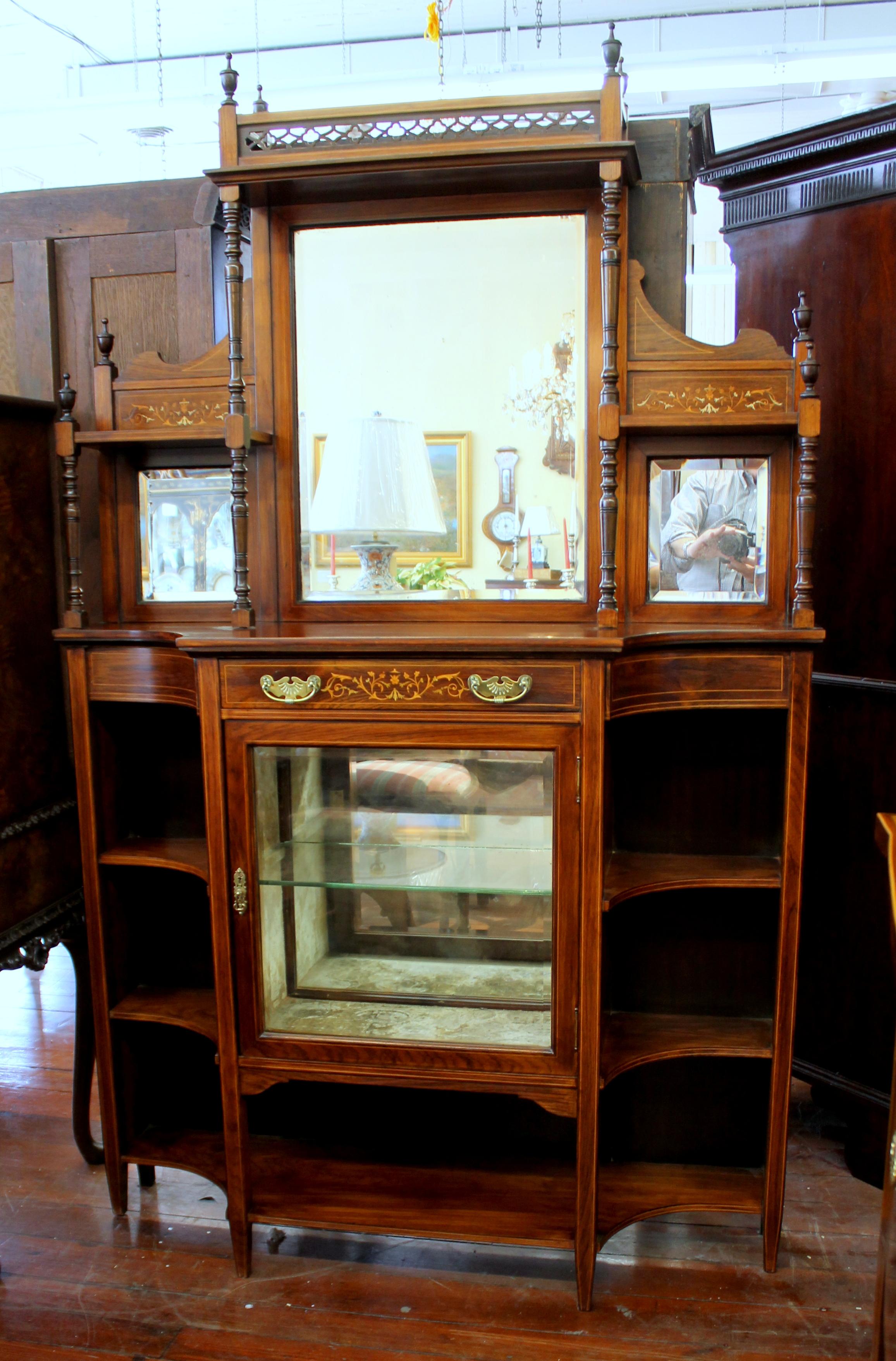 Extraordinary quality antique English marquetry inlaid chiffonier/ display cabinet
Handles are original and have registered mark for 1891 (as illustrated).
Please note fabulous pierced gallery top as well as marquetry inlays of satinwood and