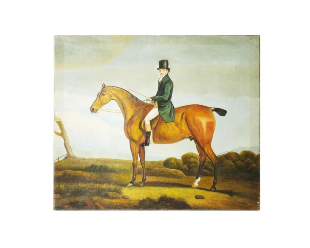 An antique, 19th century English school oil on canvas horse rider painting. The painting depicts an elegantly dressed young gentleman in a top hat riding a thoroughbred horse. Signed with a monogram TC lower right. Antique European Equestrian