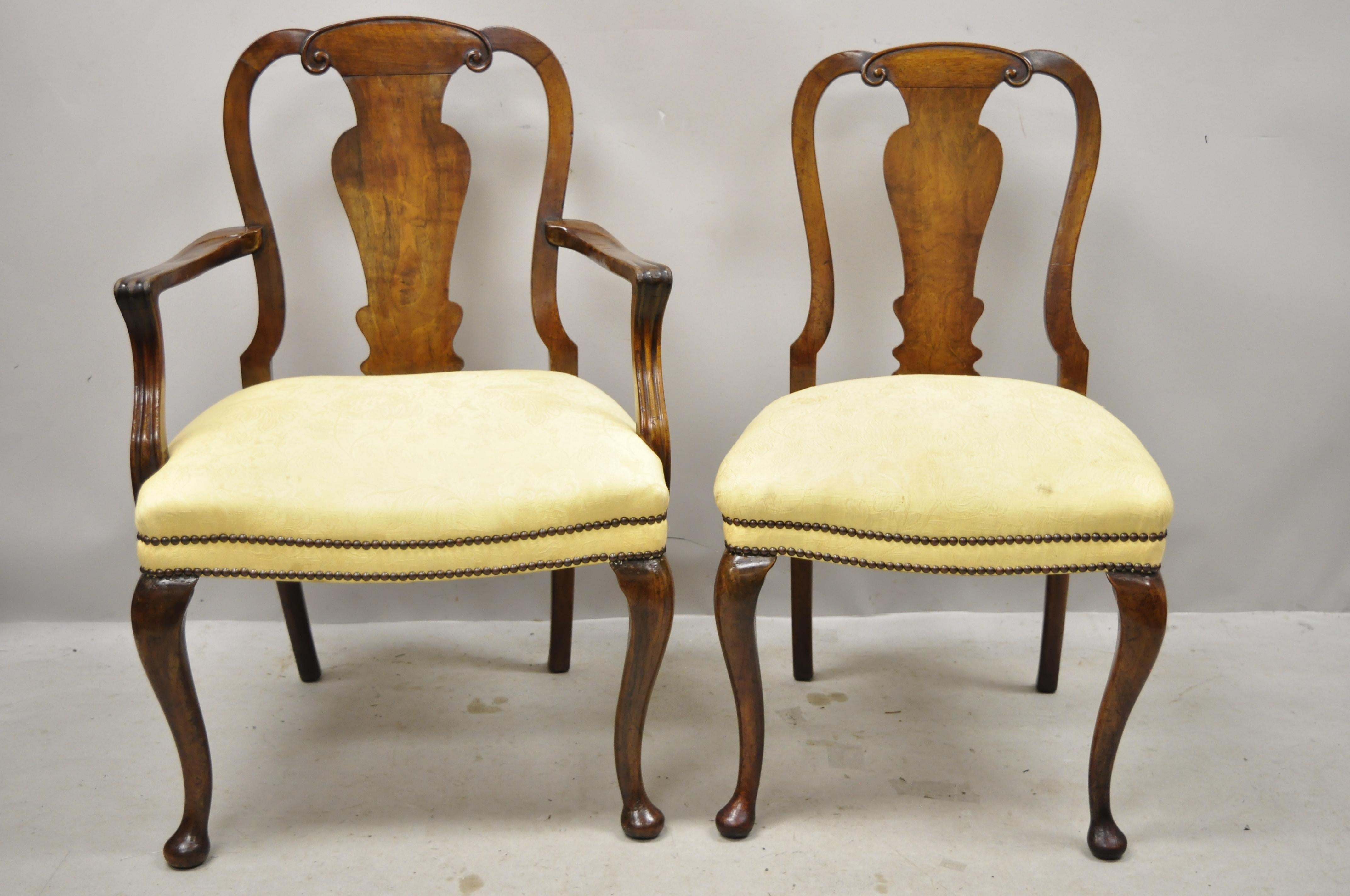 19th Century English Queen Anne Burr Walnut Splat Back Dining Chair, Set of 8 8