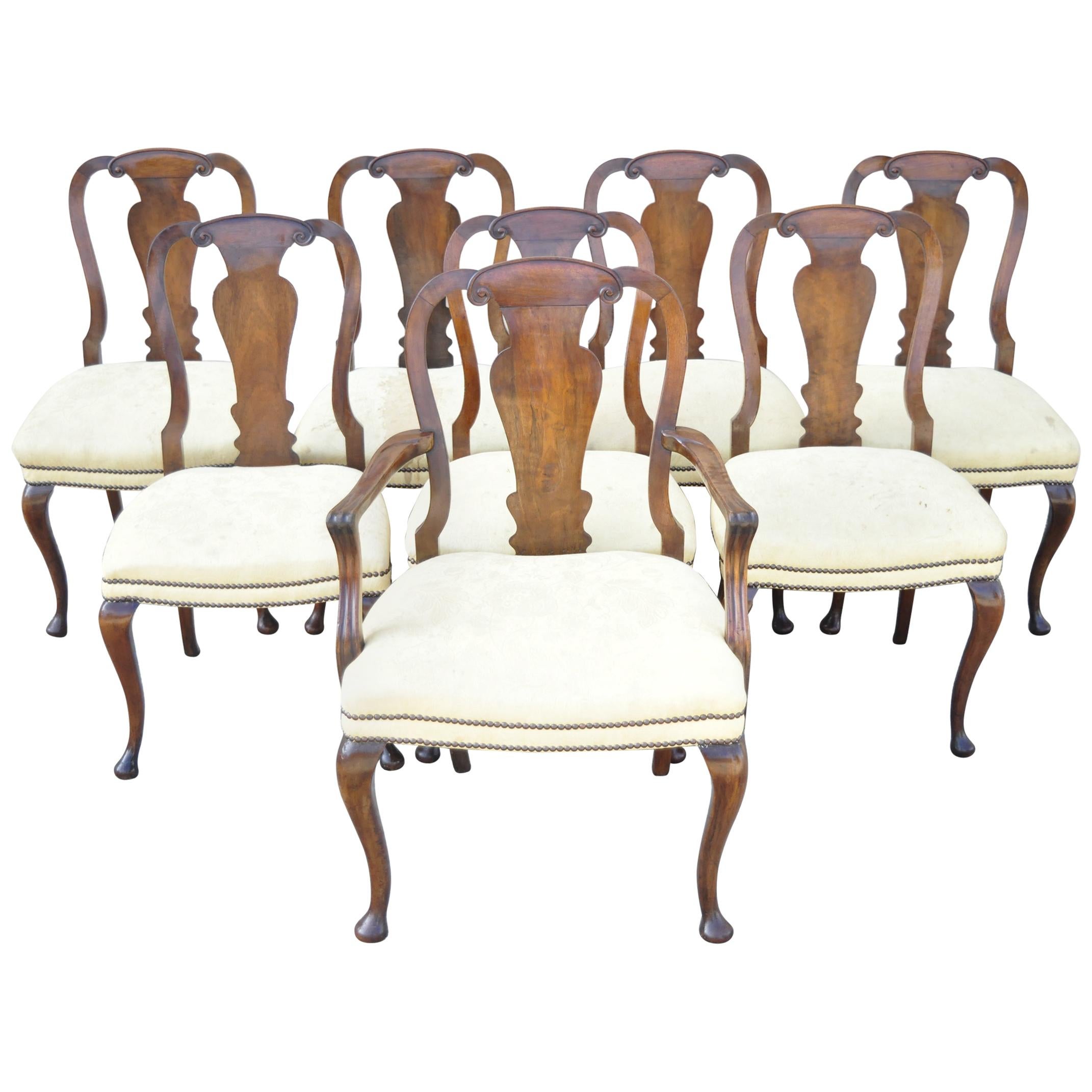 Antique 19th century English queen Anne burr walnut splat back dining chairs - set of 8. Set includes (7) side chairs, (1) armchair, remarkable aged patina, shapely queen Anne legs, solid wood frame, beautiful wood grain. Believed to be late
