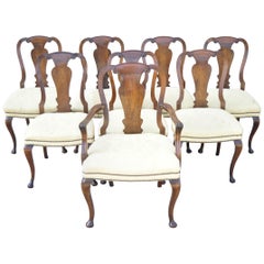 19th Century English Queen Anne Burr Walnut Splat Back Dining Chair, Set of 8