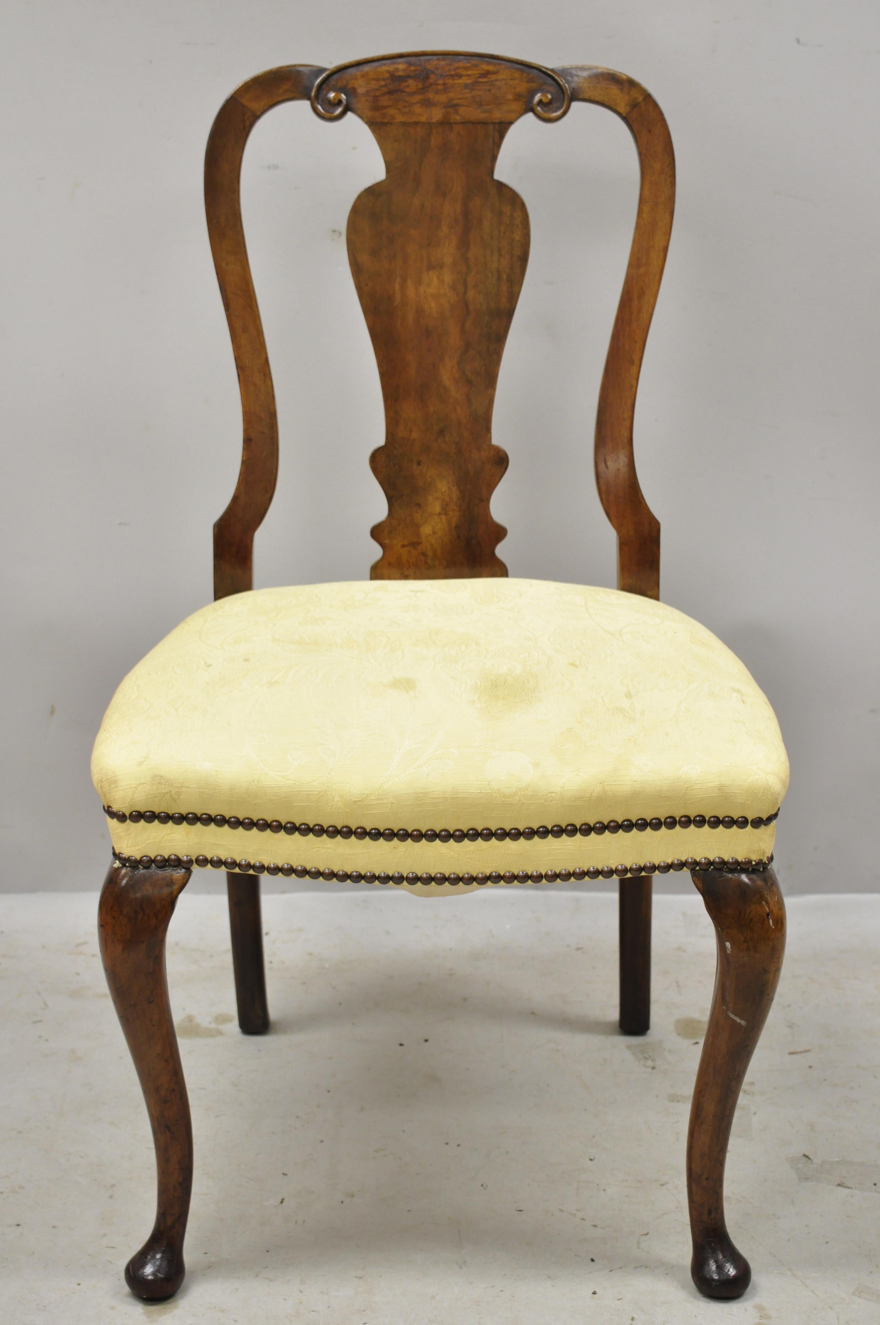 Antique 19th century English Queen Anne burr walnut splat back dining side chair. Item features remarkable aged patina, shapely Queen Anne legs, solid wood frame, beautiful wood grain, nicely carved details, very nice antique item, great style and