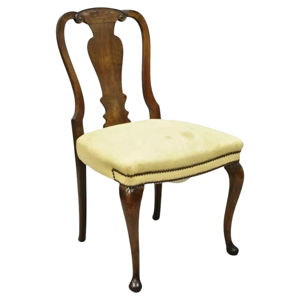 Antique 19th C English Queen Anne Burr Walnut Splat Back Dining Side Chair