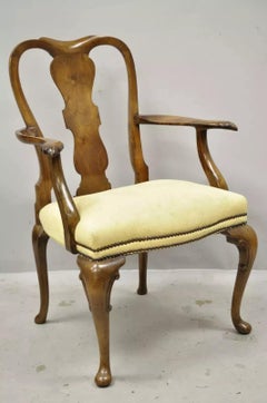 Antique 19th C English Queen Anne Carved Burr Walnut Splat Back Dining Arm Chair