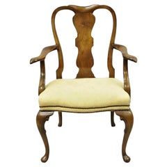 Antique 19th C English Queen Anne Carved Burr Walnut Splat Back Dining Arm Chair