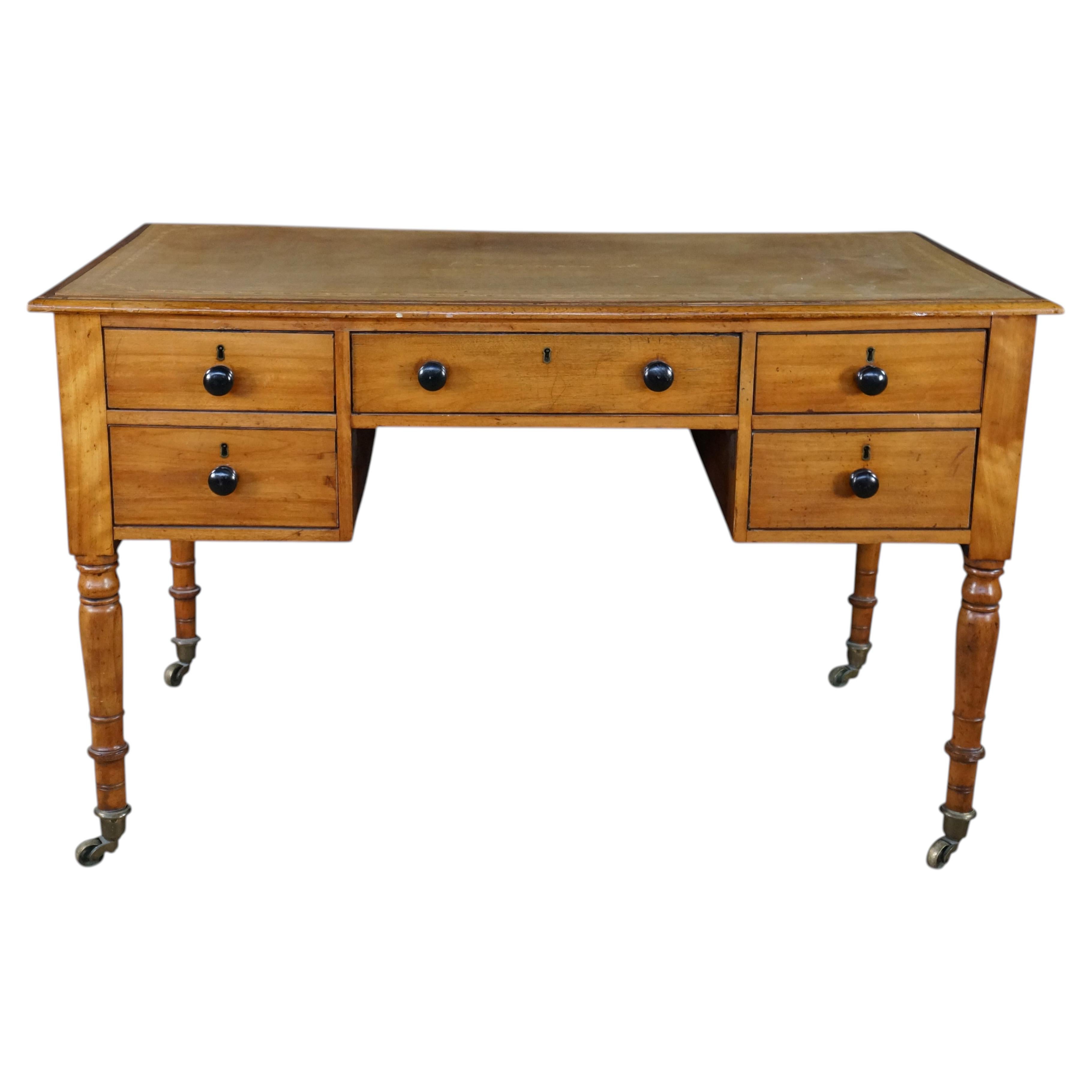 Antique 19th C. English Regency Maple & Oak Tooled Leather Top Partner's Desk For Sale