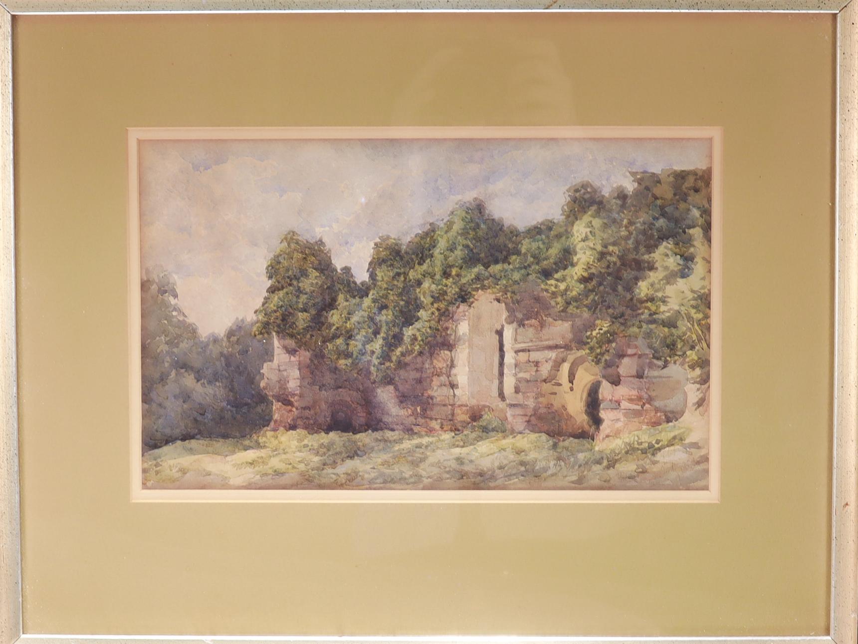 Antigua acuarela inglesa del siglo XIX Vista de la abadía de Rievaulx Romántico en venta