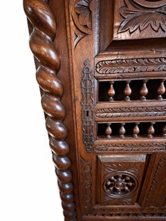 Antique 19th c French Breton Carved Oak Armoire Maritime Ship Wheel Spindle