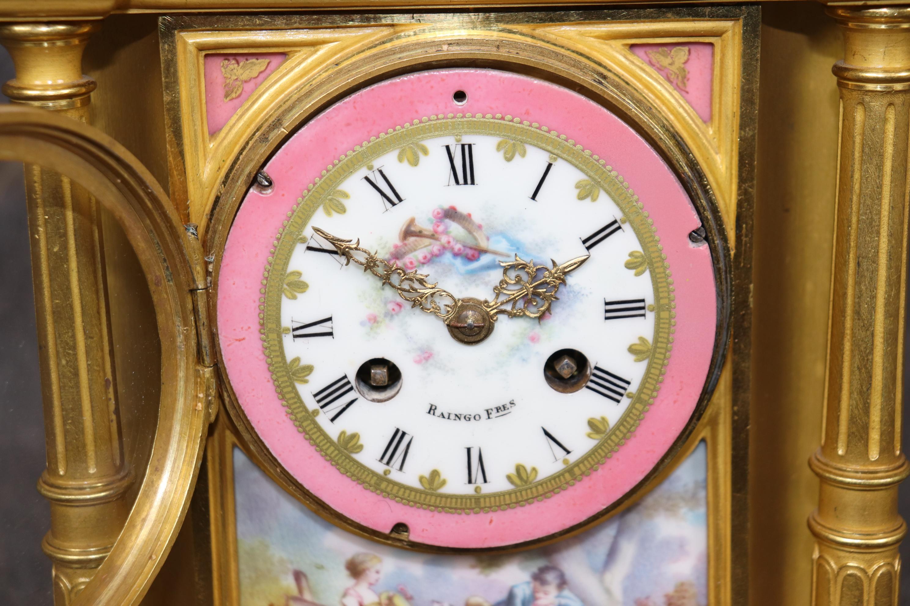 Antique 19th C. French Bronze Ormolu and Porcelain Clock Set By Raingo Frères For Sale 6