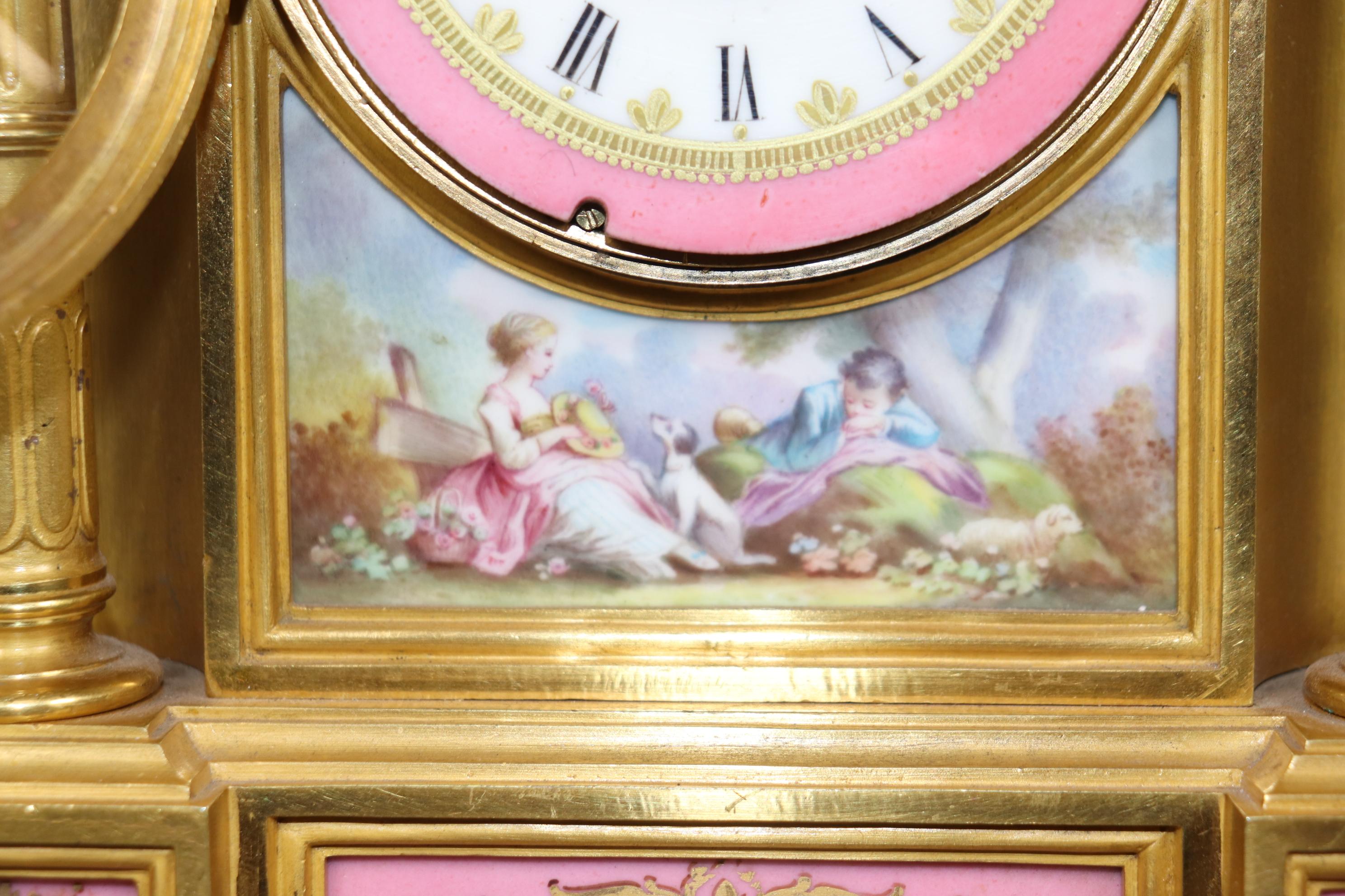 Antique 19th C. French Bronze Ormolu and Porcelain Clock Set By Raingo Frères For Sale 7