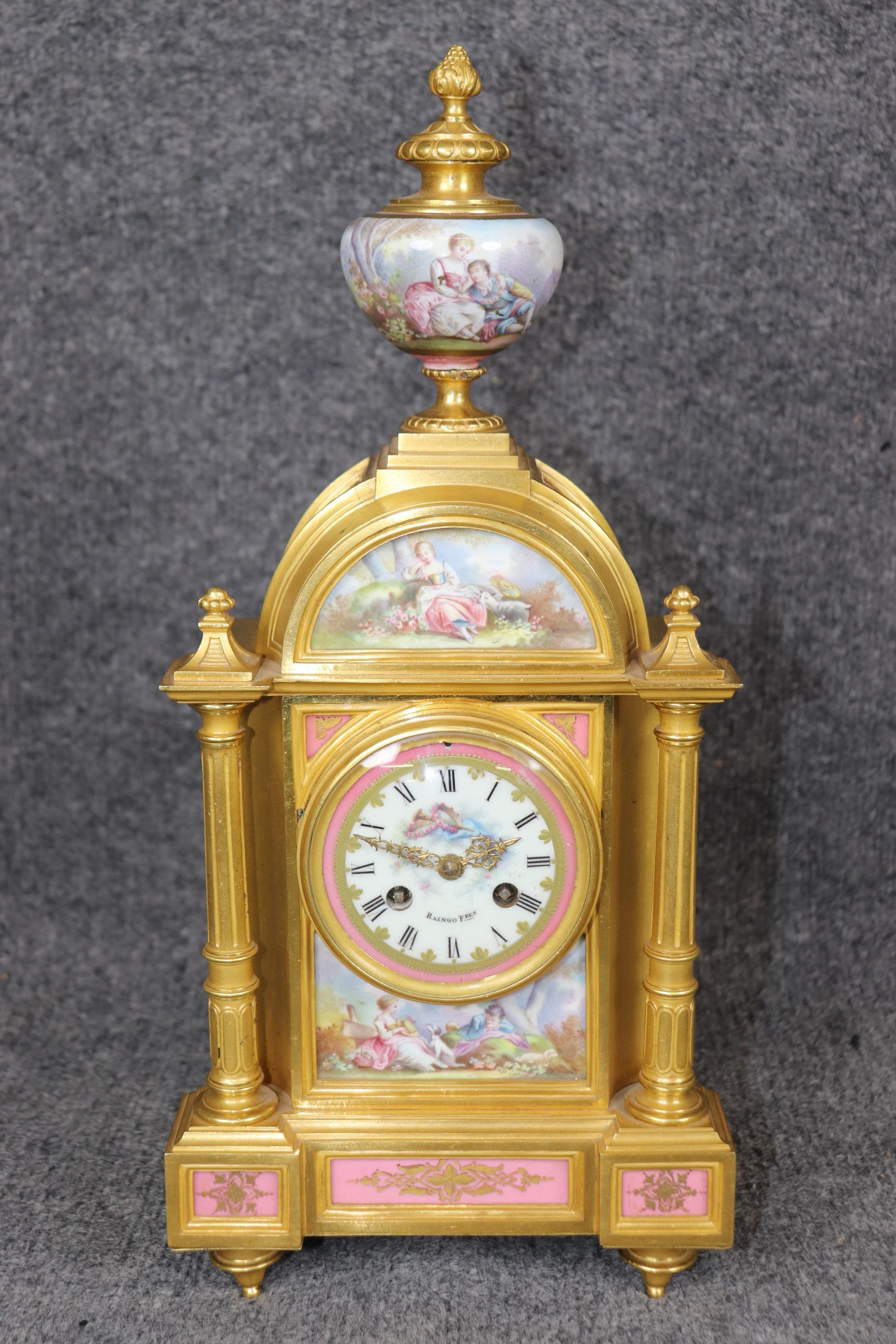 Cast Antique 19th C. French Bronze Ormolu and Porcelain Clock Set By Raingo Frères For Sale