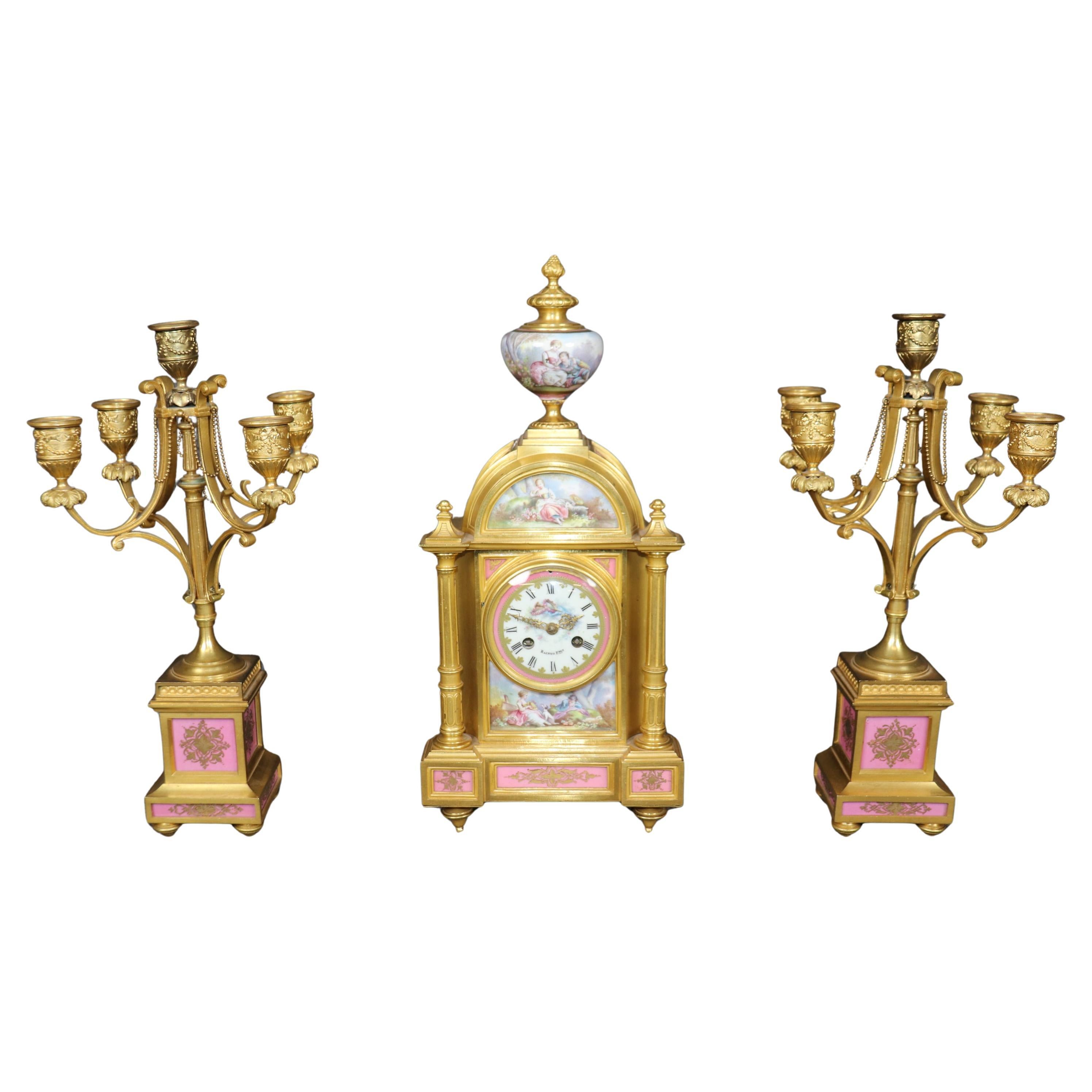 Antique 19th C. French Bronze Ormolu and Porcelain Clock Set By Raingo Frères