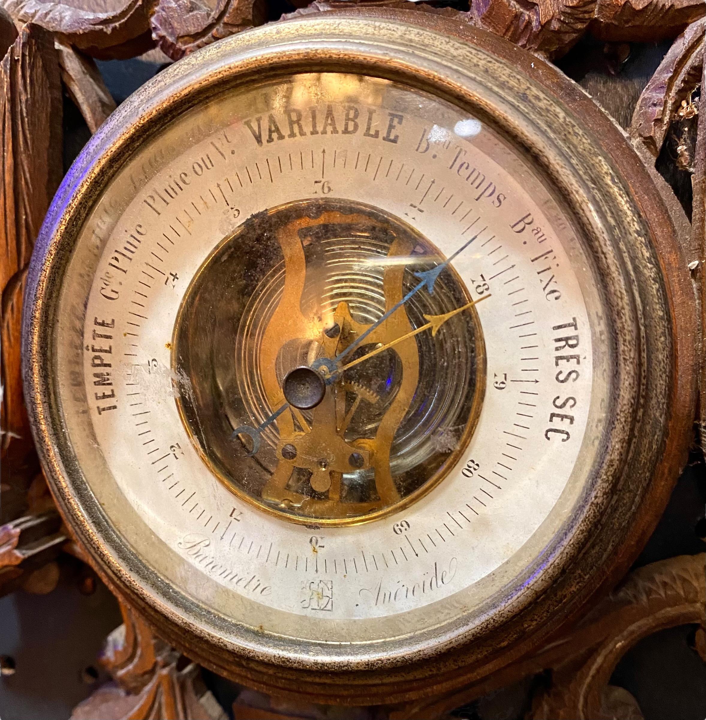Antique 19th c. French Carved Walnut Aneroid Barometer  3