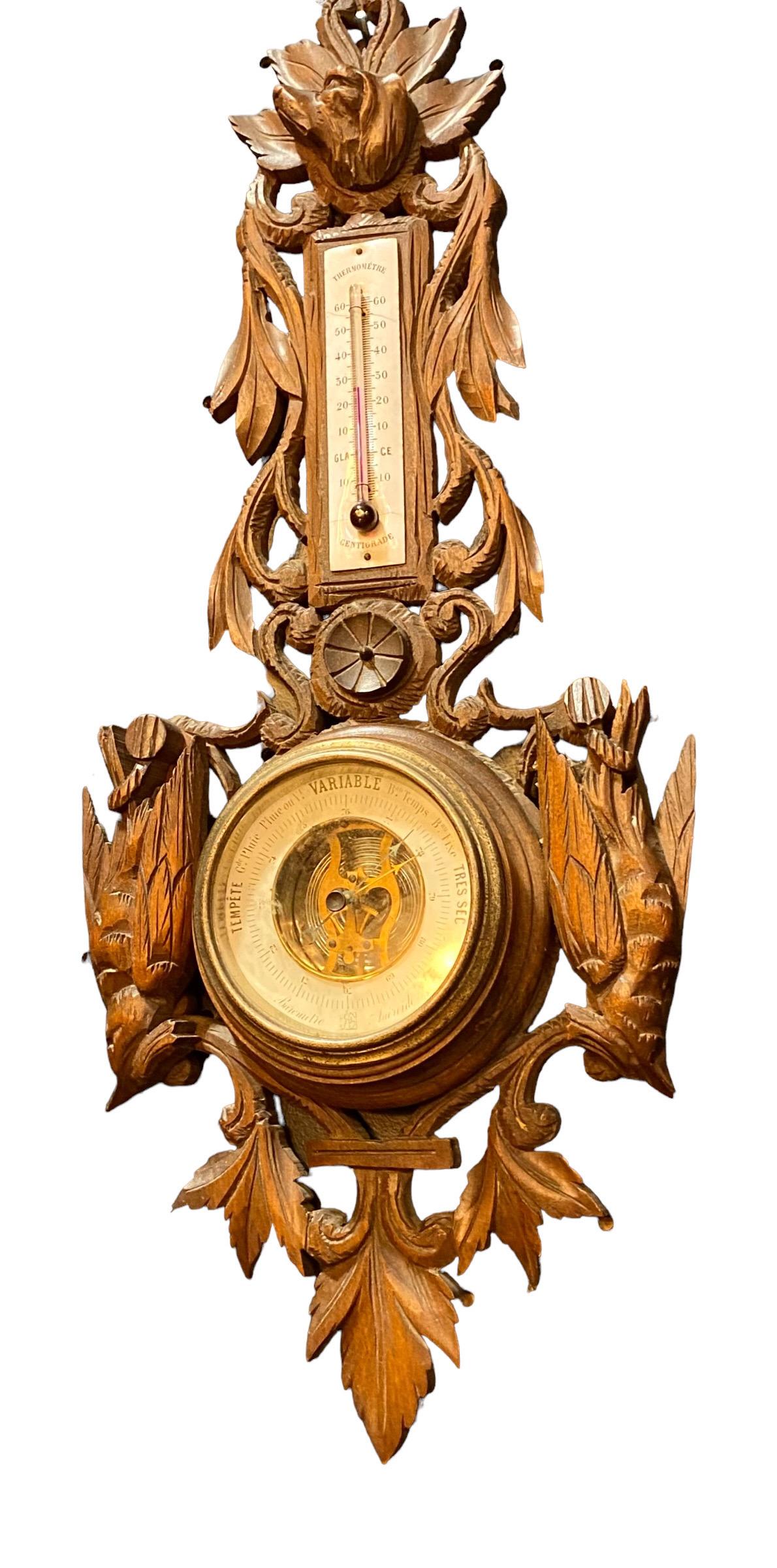 Antique 19th c. French Carved Walnut Aneroid Barometer  5
