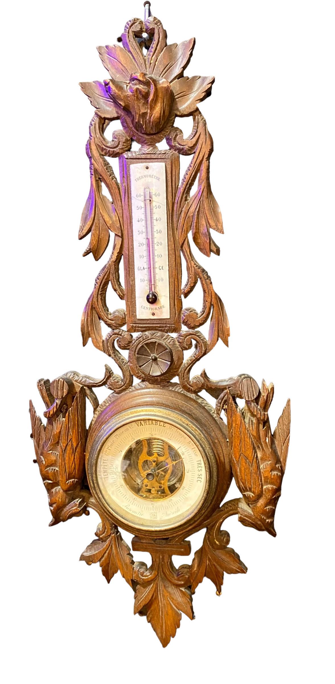 Antique 19th c. French Carved Walnut Aneroid Barometer  10