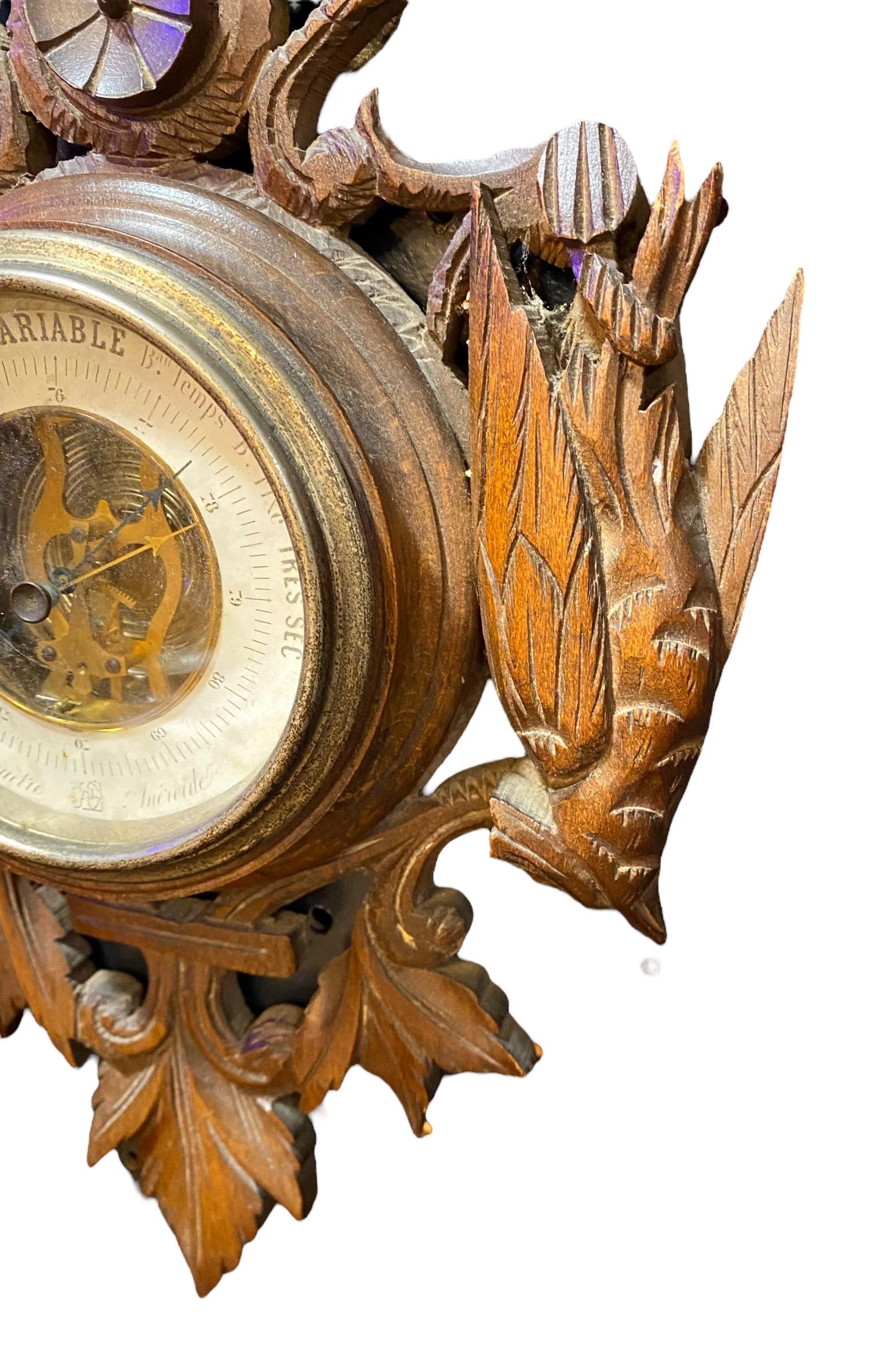 Black Forest Antique 19th c. French Carved Walnut Aneroid Barometer 