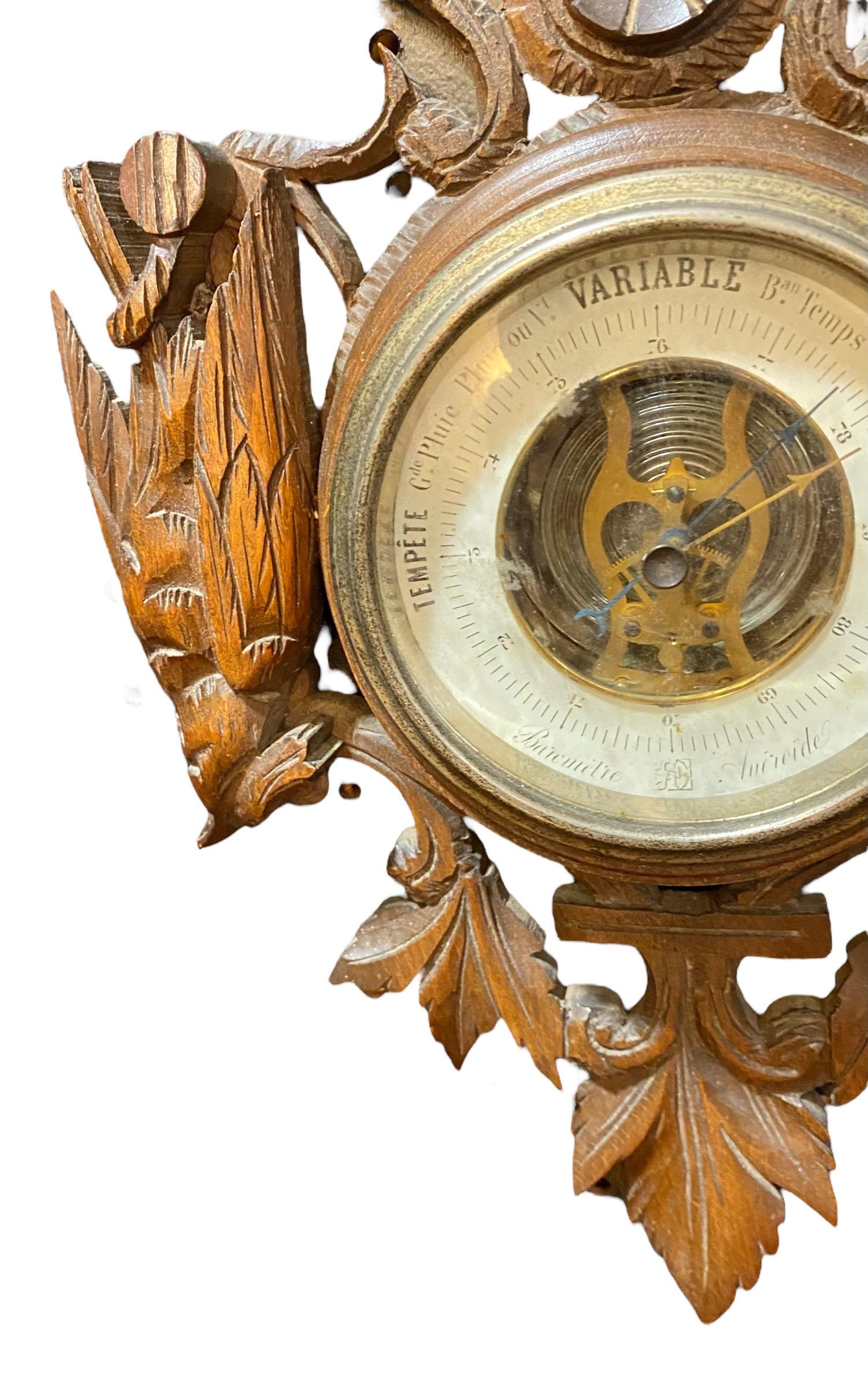 Hand-Carved Antique 19th c. French Carved Walnut Aneroid Barometer 