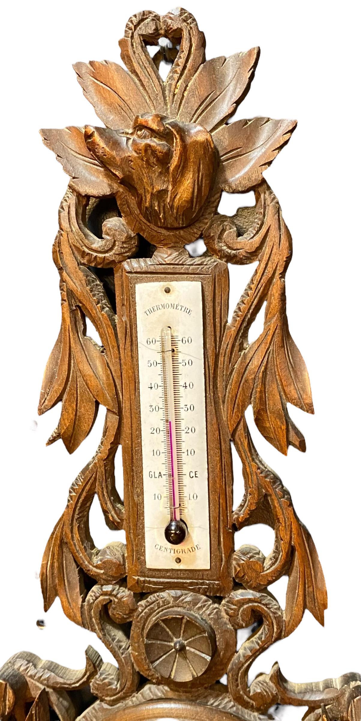 Brass Antique 19th c. French Carved Walnut Aneroid Barometer 