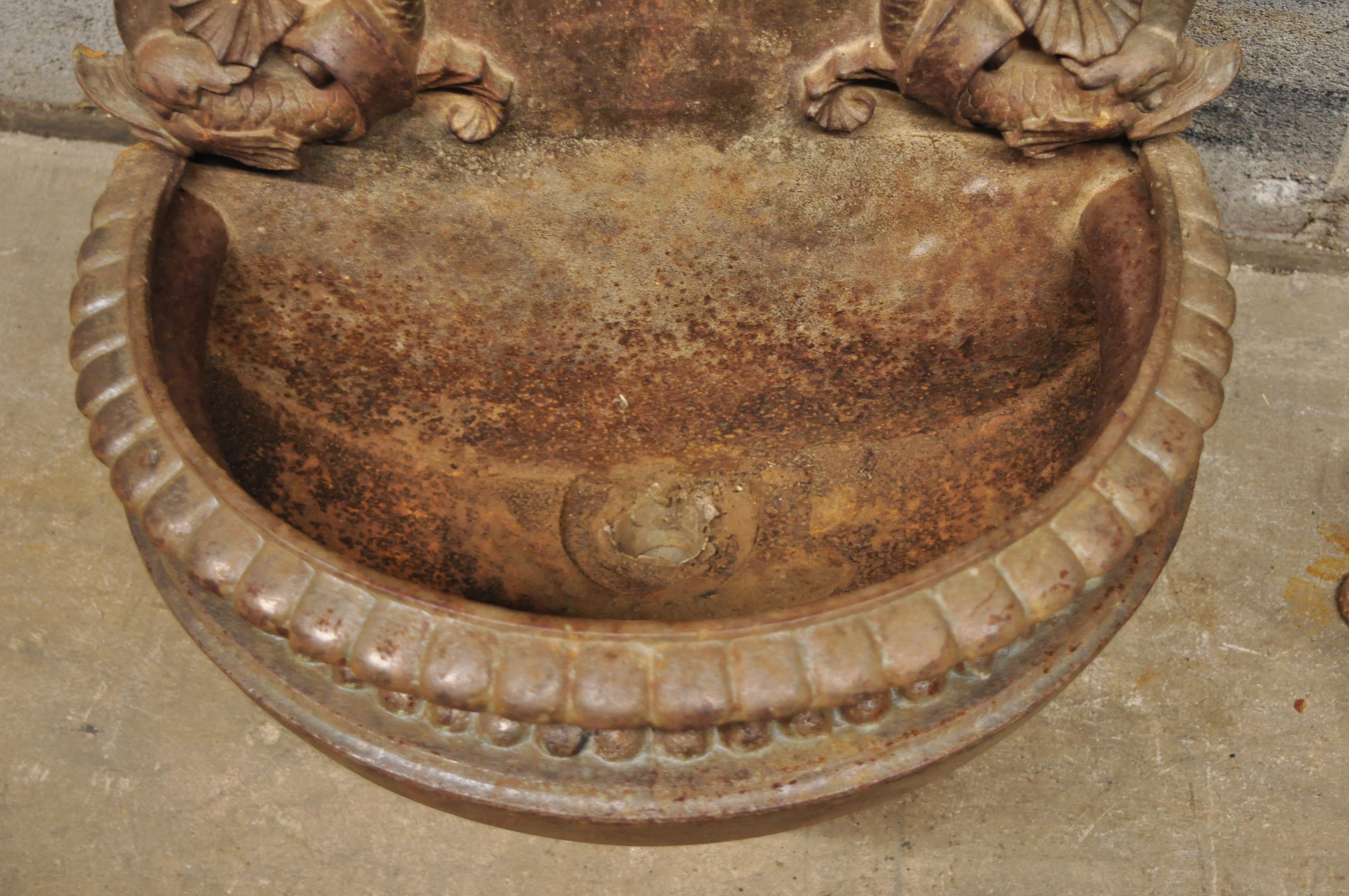 19th Century French Cast Iron Neoclassical Dolphin Garden Wall Fountain Basin 2