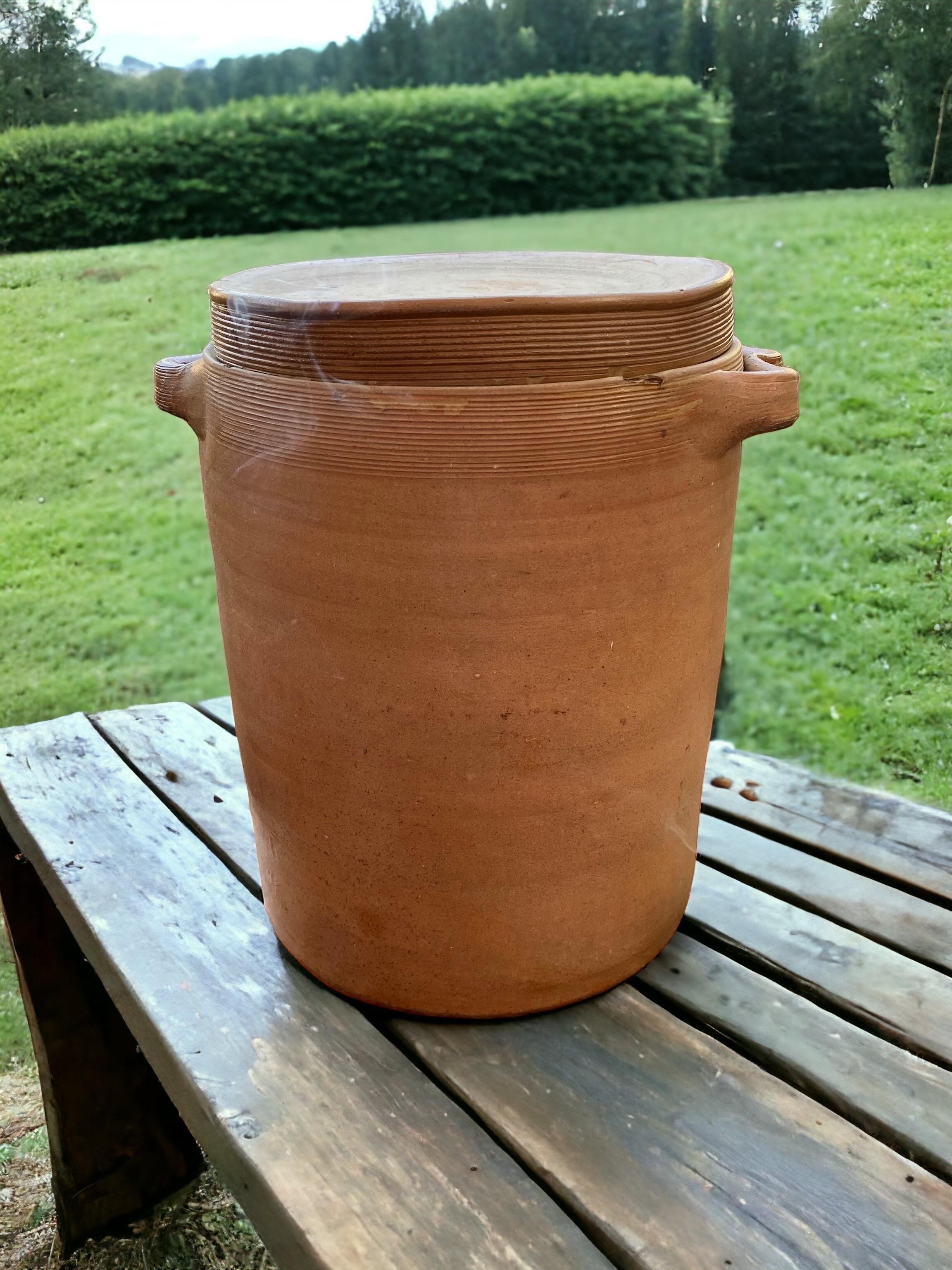 Pottery Large Antique 19th c. French Confit Jar With Original Lid And Ribbon Handles  For Sale