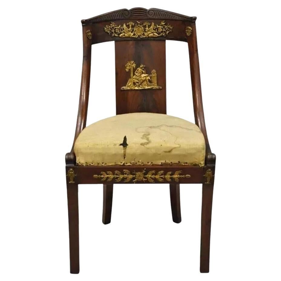 Antique 19th C. French Empire Regency Mahogany Side Chair with Bronze Ormolu