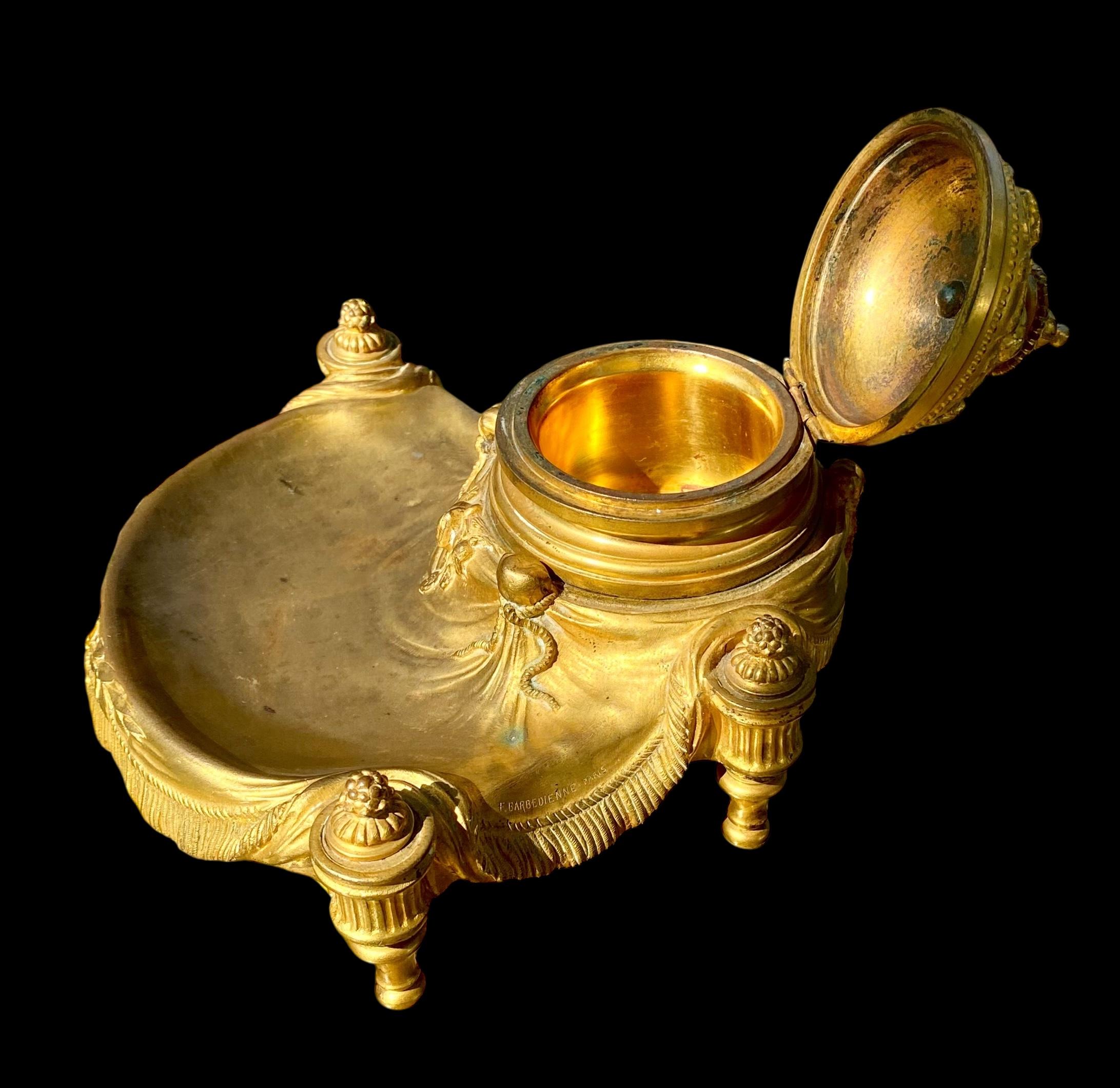 Antique 19ème siècle Encrier français en bronze doré avec encre bleu cobalt d'origine en vente 10