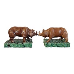 Antique 19th c. French Glazed Earthenware Majolica Pottery Models of Rhinoceros