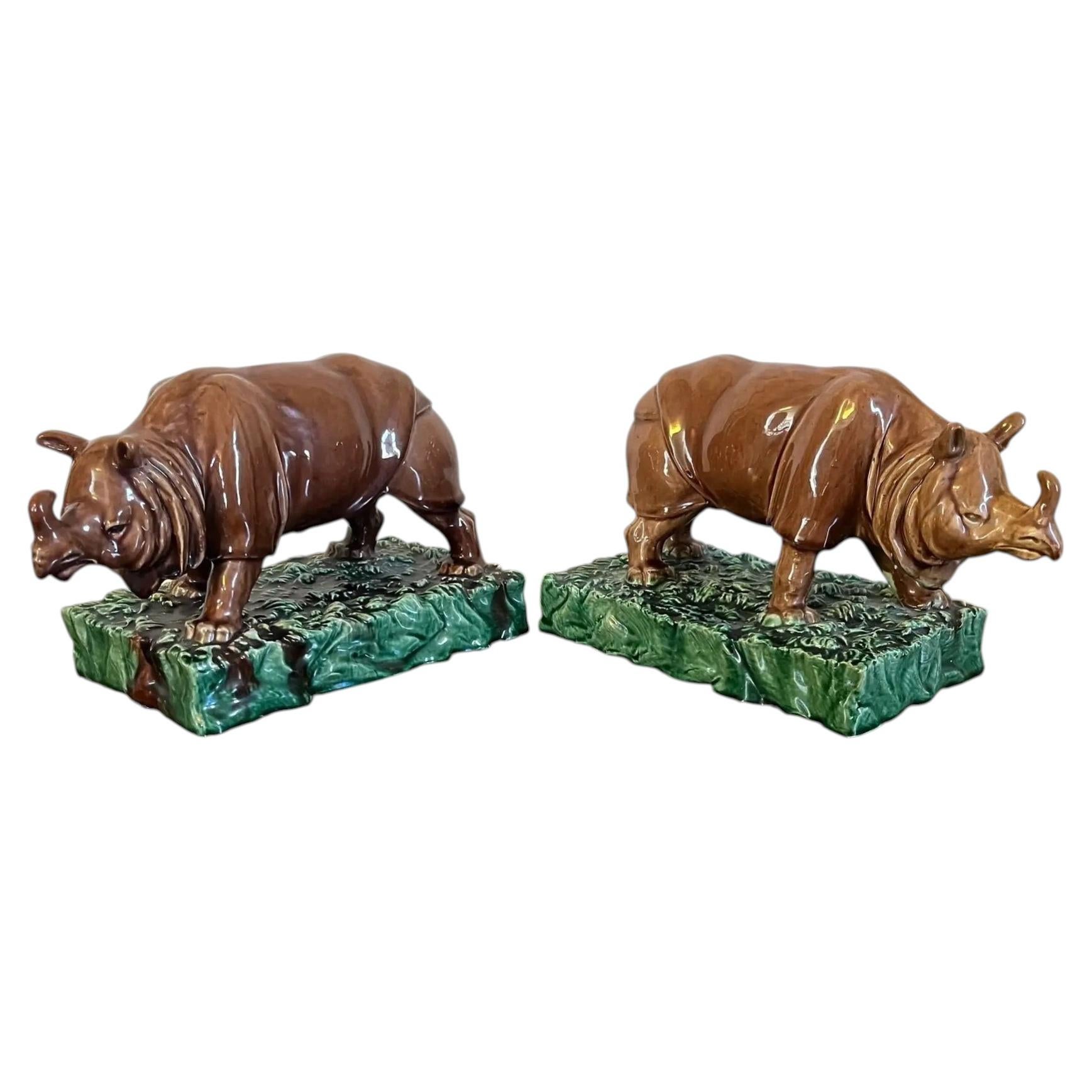 Antique 19th c. French Glazed Earthenware Majolica Pottery Models of Rhinoceros For Sale