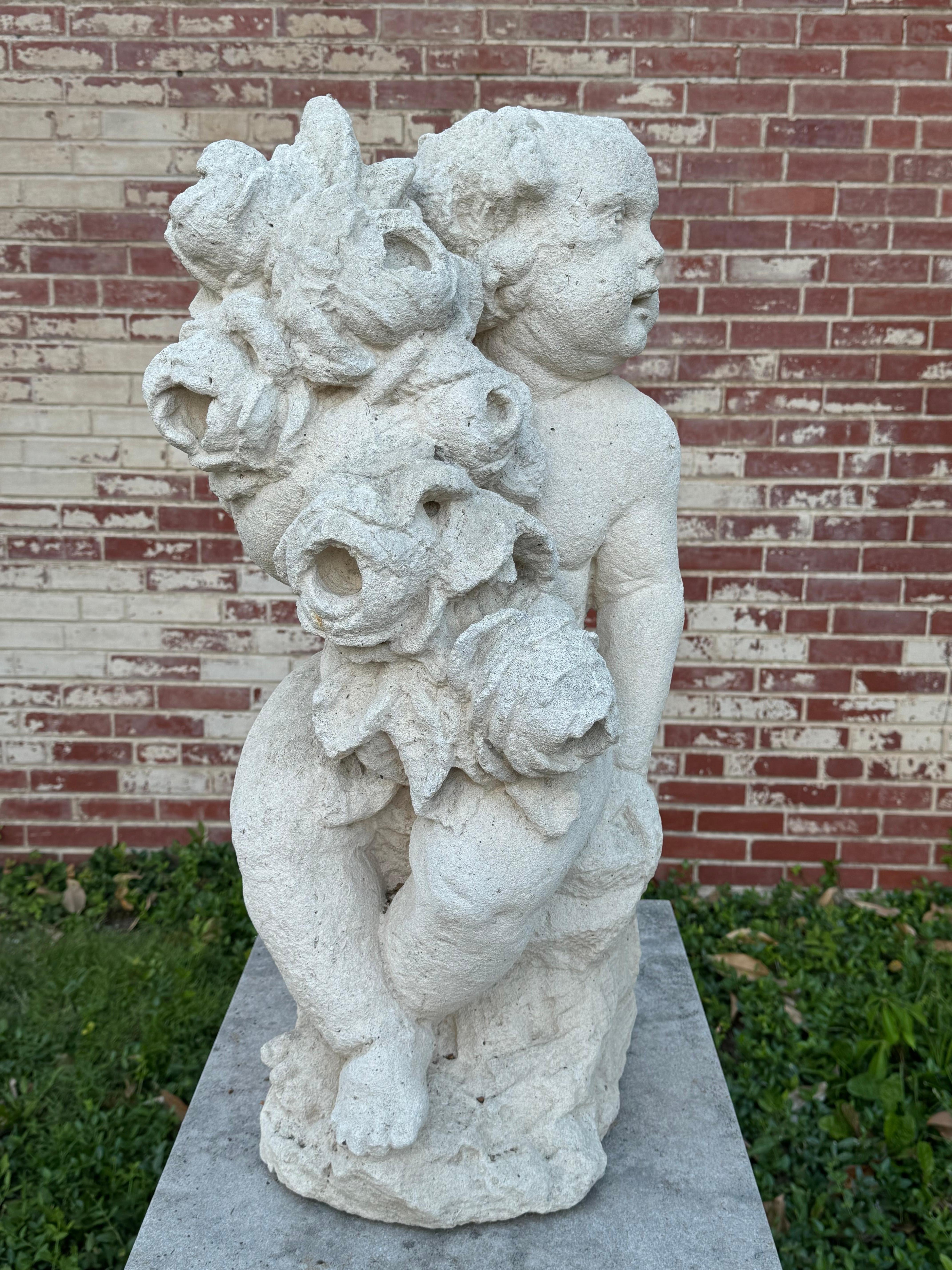 Antique 19th C. French Hand-Carved Limestone Cherub or Putti Garden Statue For Sale 7