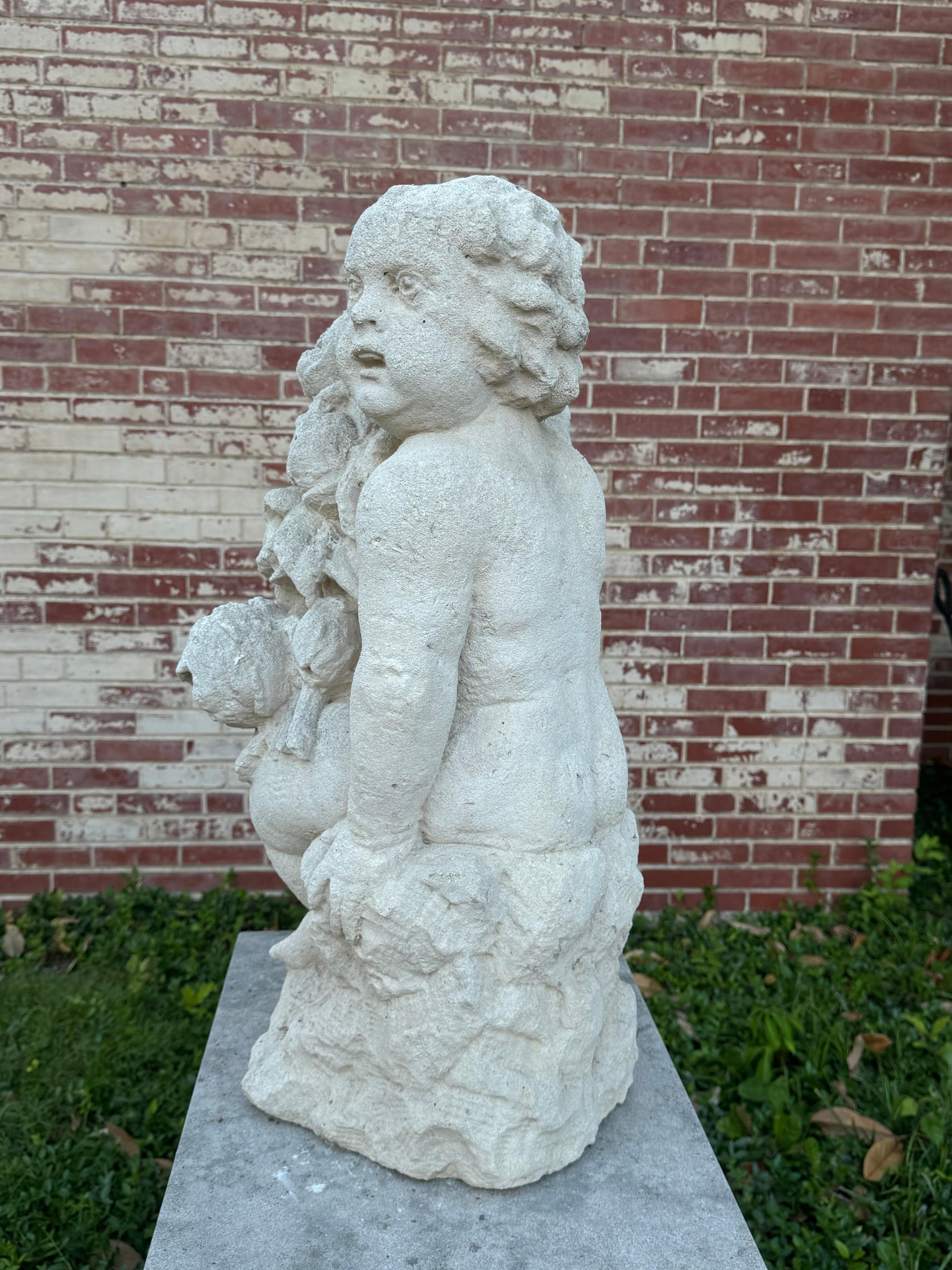 Antique 19th C. French Hand-Carved Limestone Cherub or Putti Garden Statue For Sale 14
