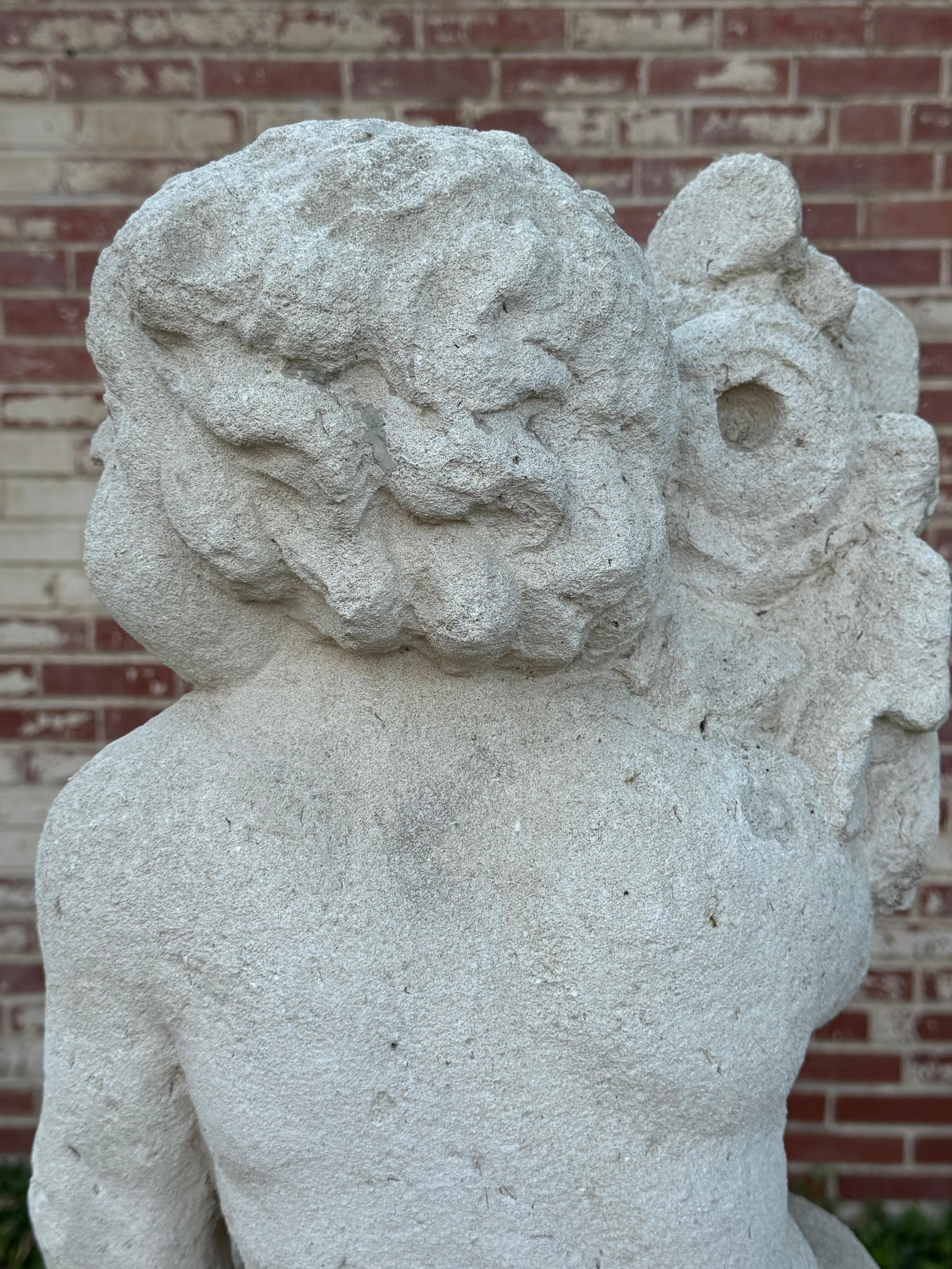 Antique 19th C. French Hand-Carved Limestone Cherub or Putti Garden Statue For Sale 15