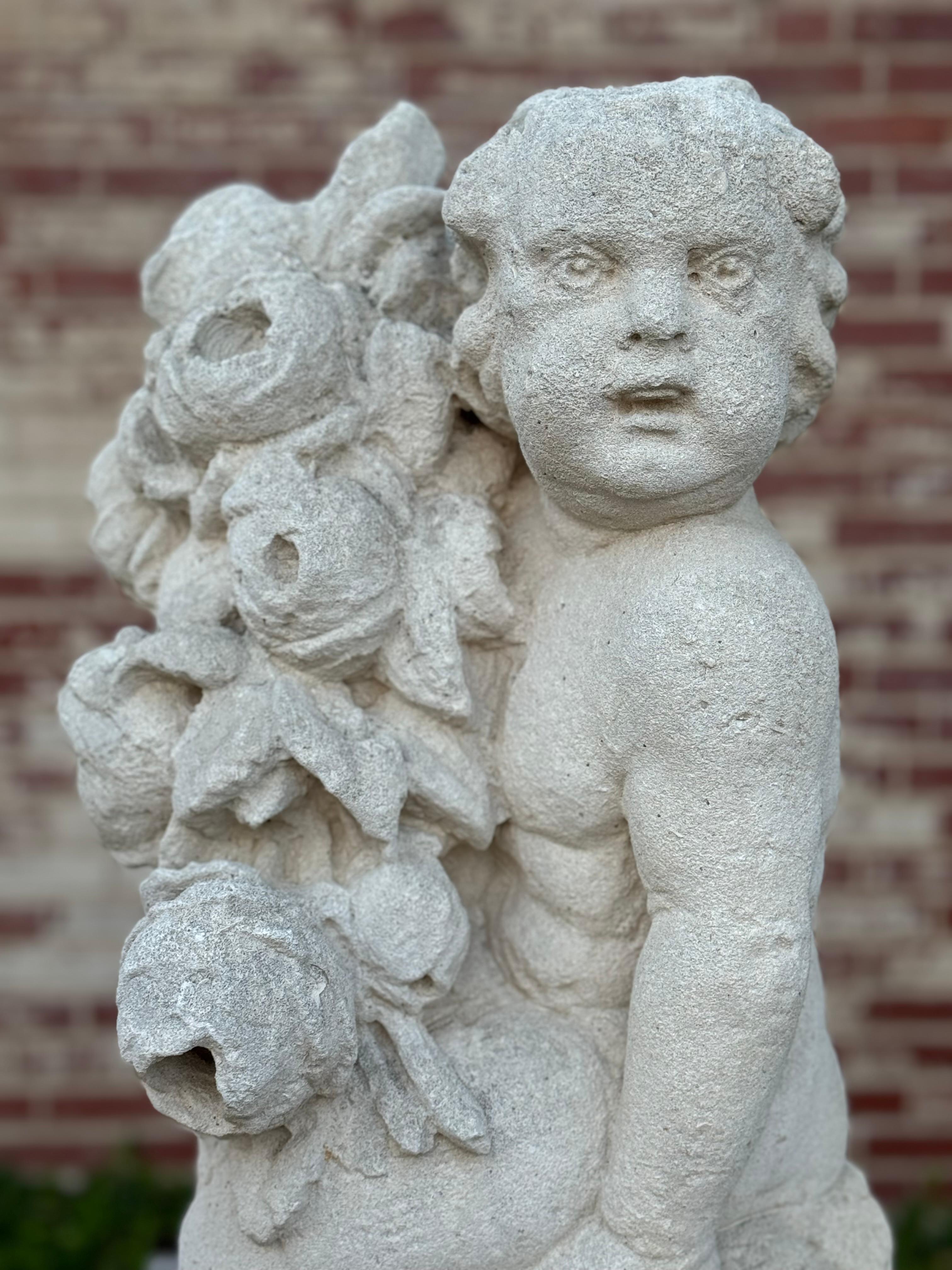 Baroque Antique 19th C. French Hand-Carved Limestone Cherub or Putti Garden Statue For Sale
