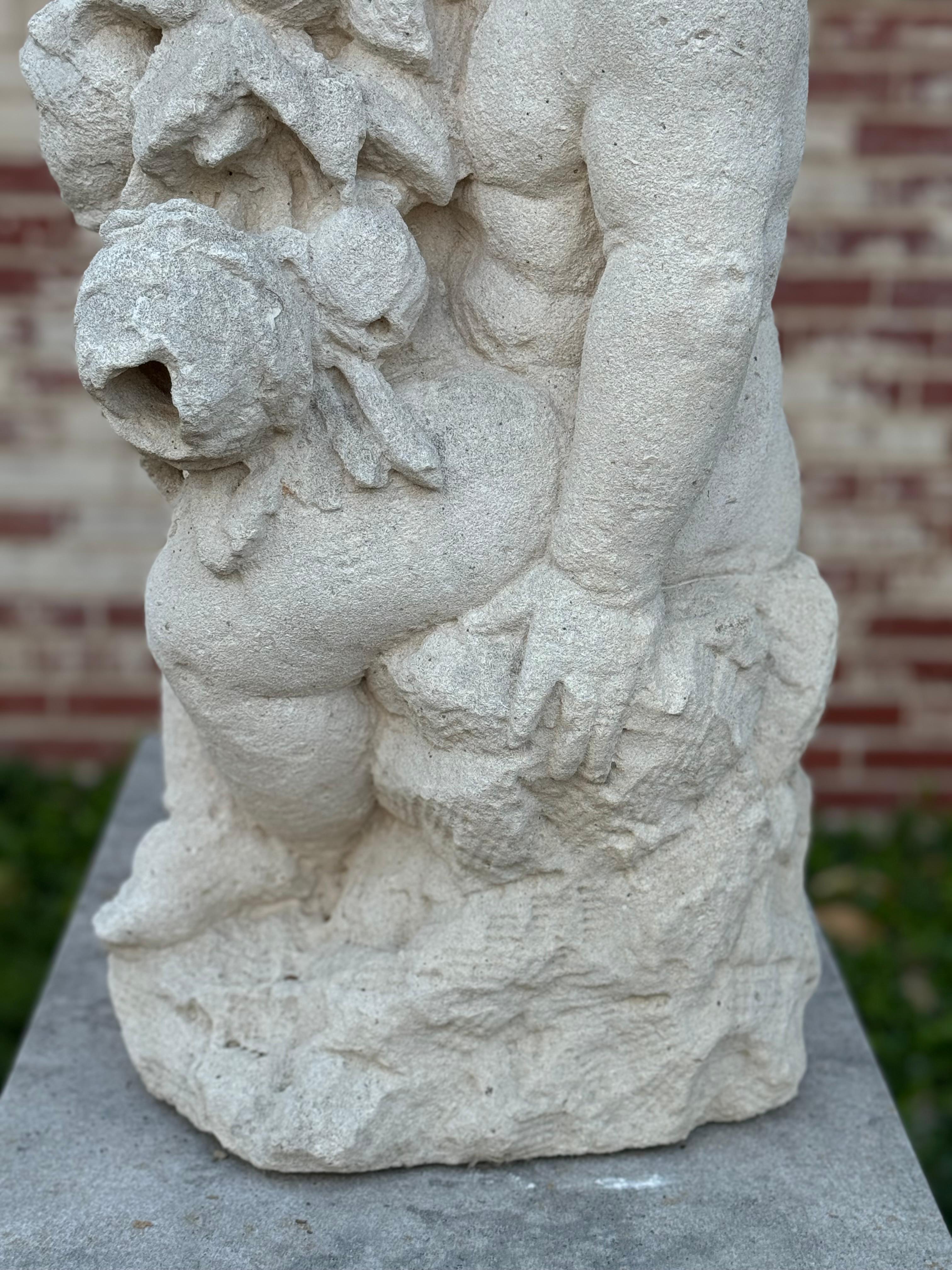 Antique 19th C. French Hand-Carved Limestone Cherub or Putti Garden Statue In Good Condition For Sale In St. Louis, MO