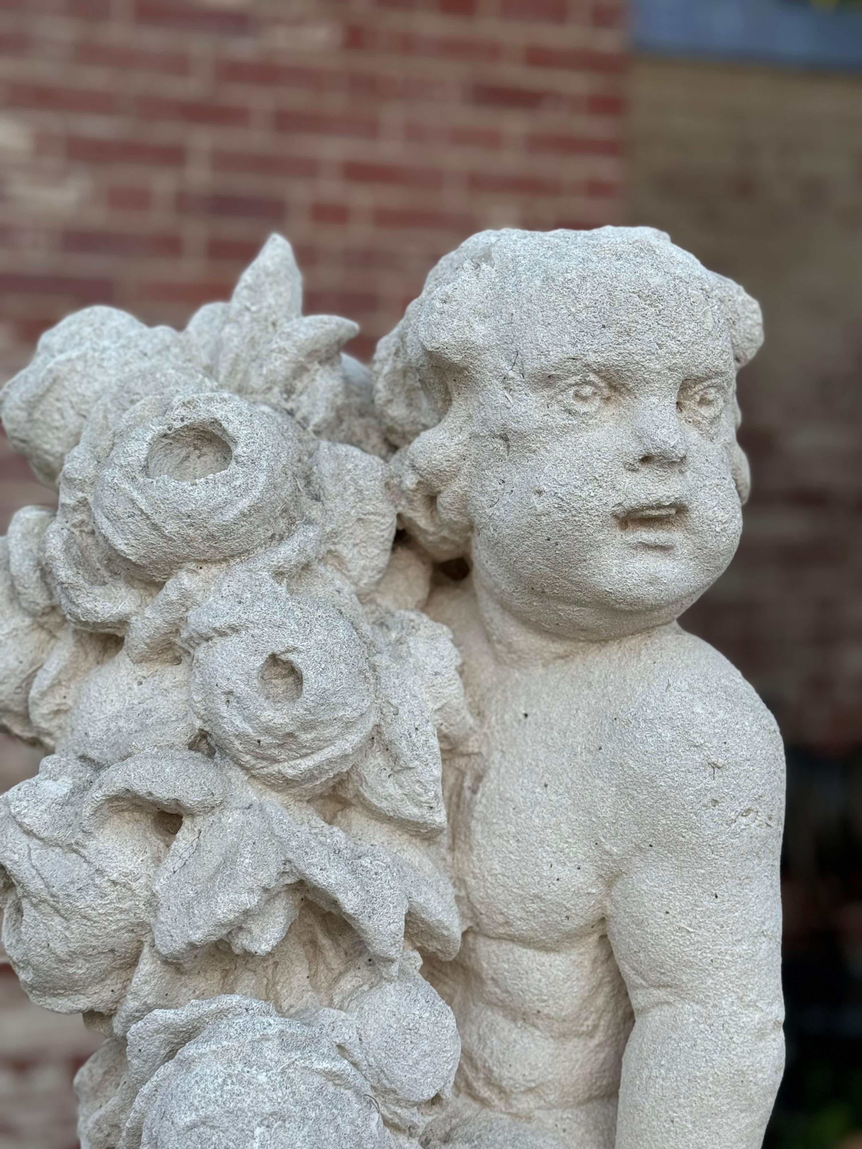 Antique 19th C. French Hand-Carved Limestone Cherub or Putti Garden Statue For Sale 2