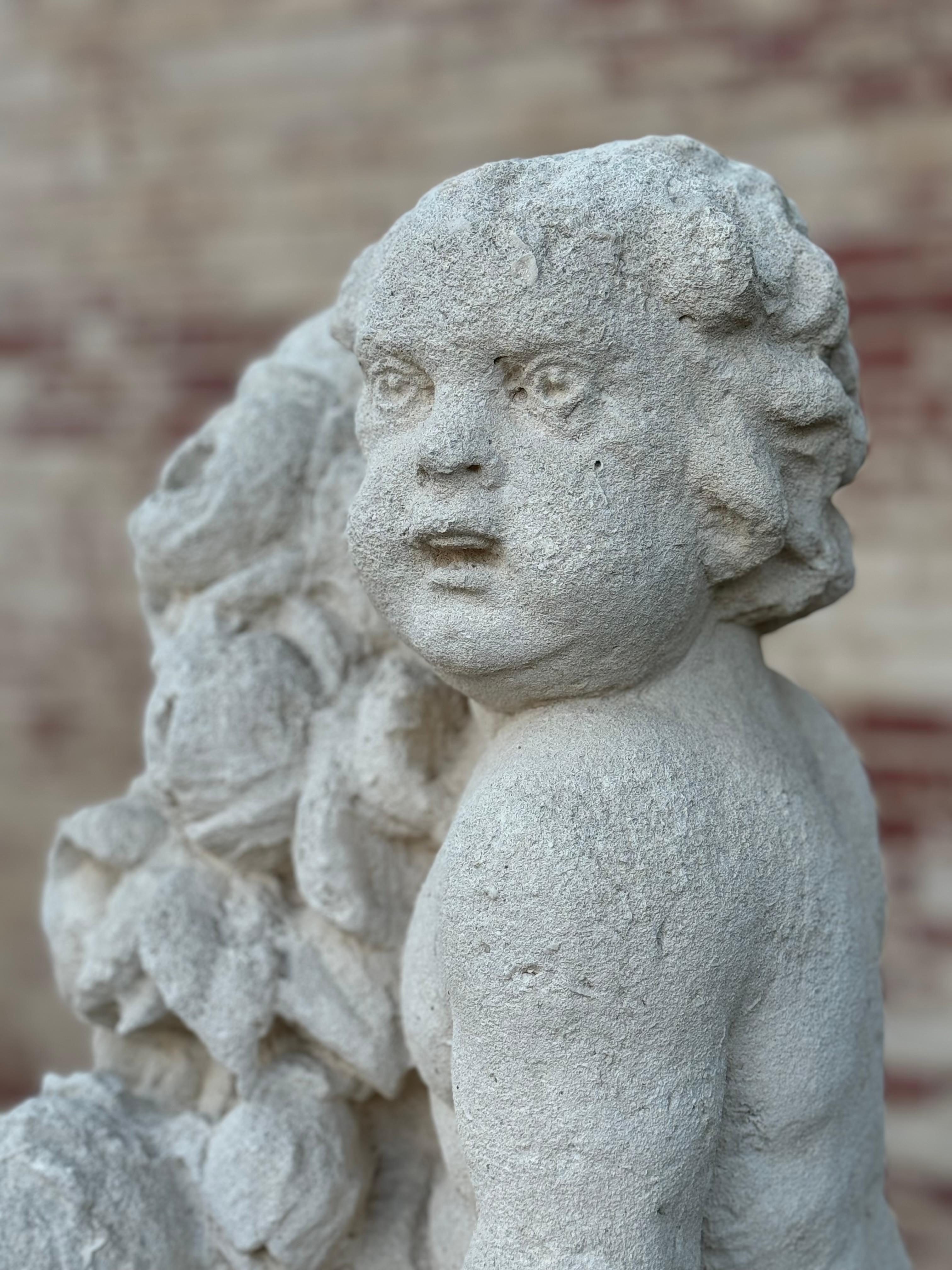 Antique 19th C. French Hand-Carved Limestone Cherub or Putti Garden Statue For Sale 3