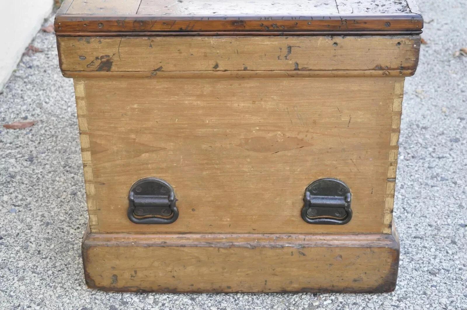 Antique 19th C French Hand Painted Distressed Wood Blanket Chest Dovetail Trunk For Sale 3