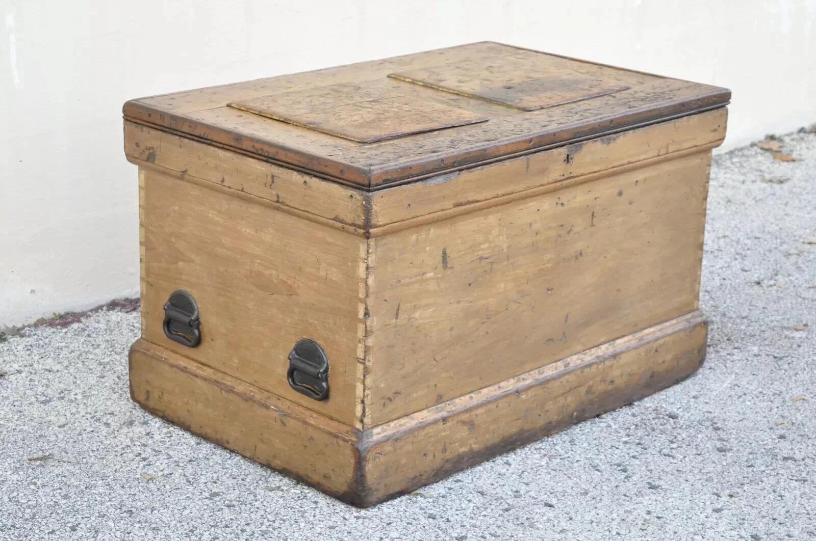 Antique 19th C French Hand Painted Distressed Wood Blanket Chest Dovetailed Trunk. Item features dovetail construction, cast iron hardware, hand painted interior lid, solid wood construction, distressed finish, very nice antique item. Believed to be